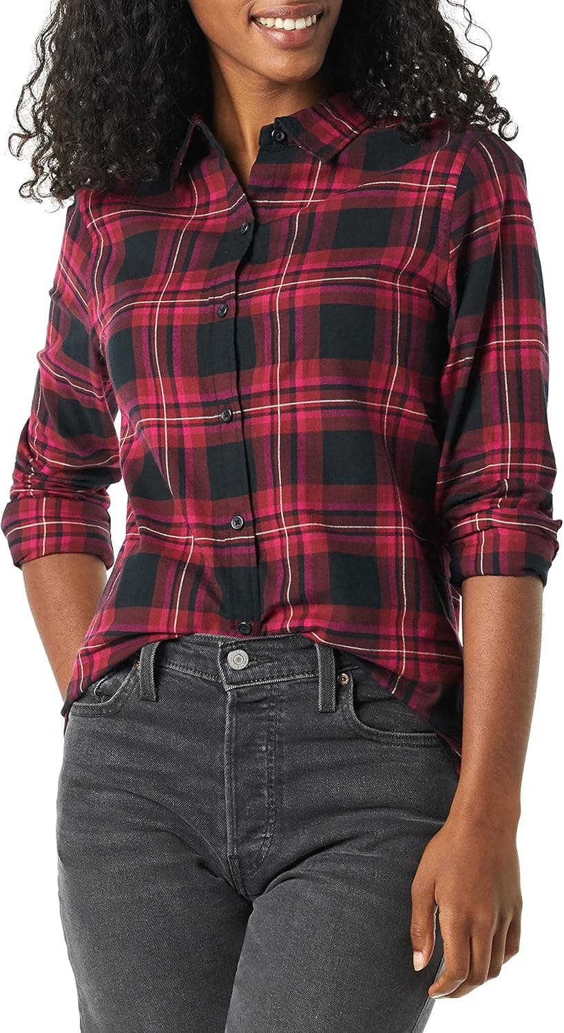 Amazon Essentials Women's Classic-Fit Long-Sleeve Lightweight Plaid Flannel Shirt