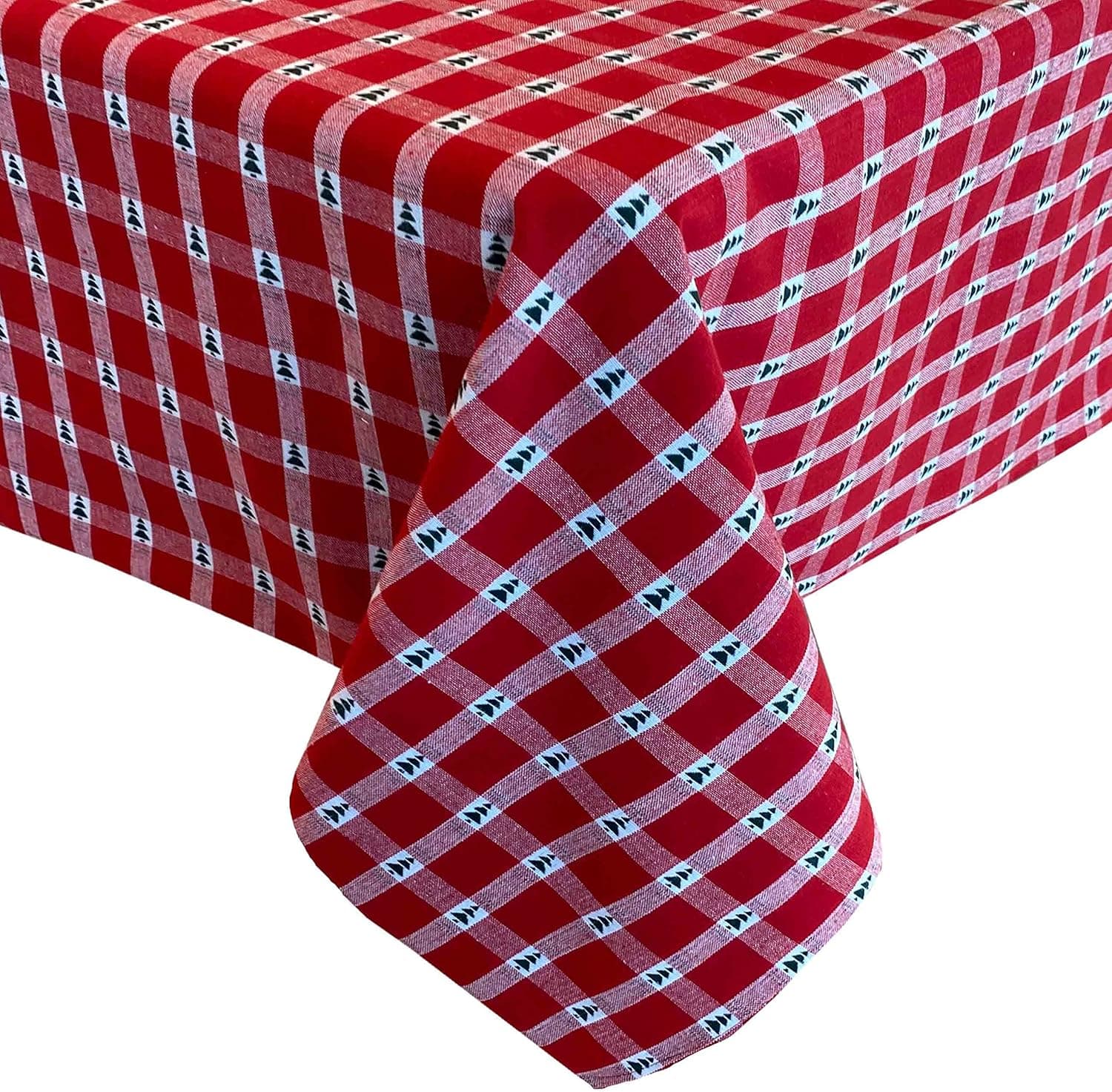 Lintex Little Christmas Trees Plaid Christmas Cotton Fabric Tablecloth - Country Cottage Red and Evergreen Tree Woven Cotton Plaid Easy Care Holiday Tablecloth, 60” x 120” Oblong/Rectangle