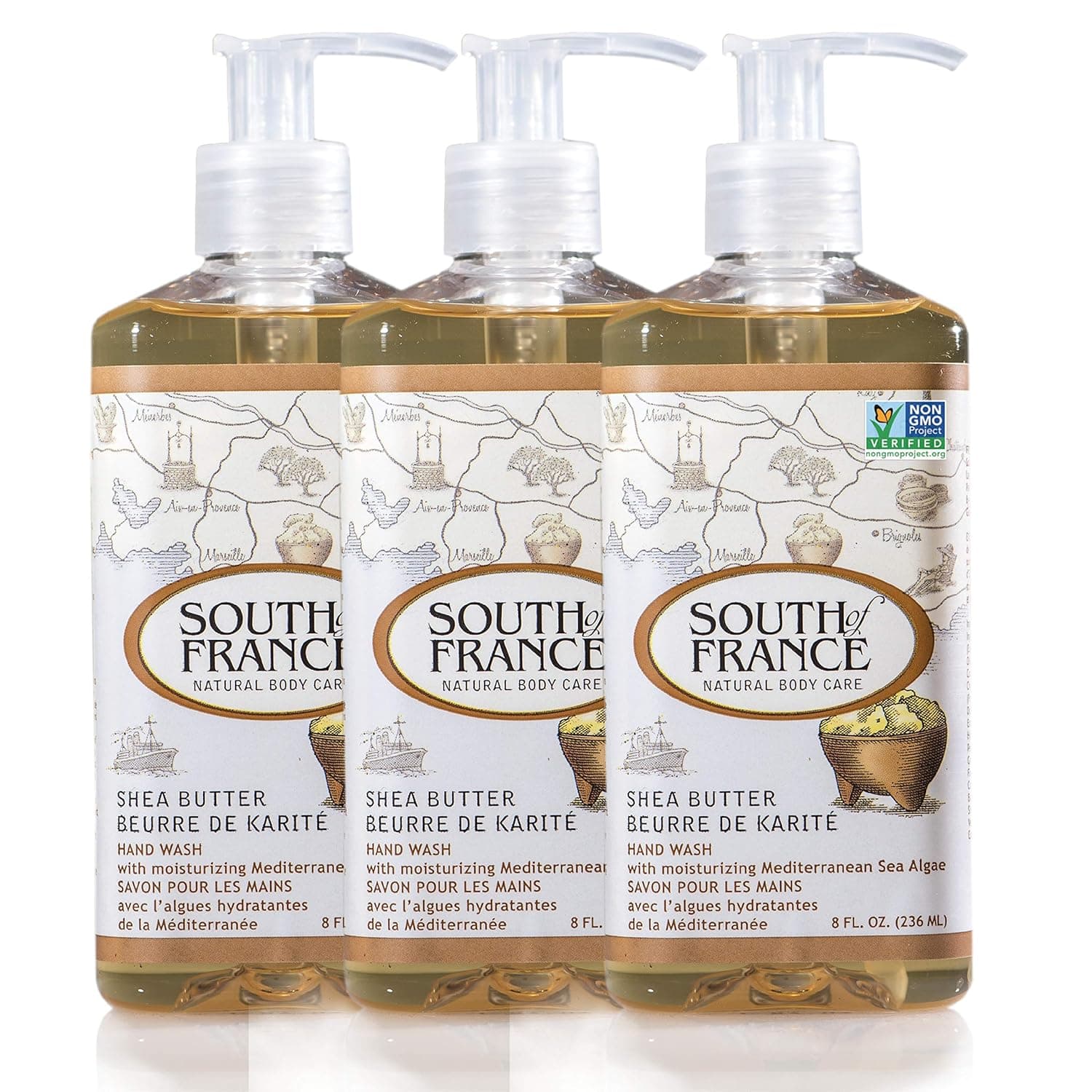 Shea Butter Clean Hand Wash by South of France Clean Body Care | Moisturizing Liquid Hand Soap with Mediterranean Sea Algae | 8 oz Pump Bottle – 3 Pack