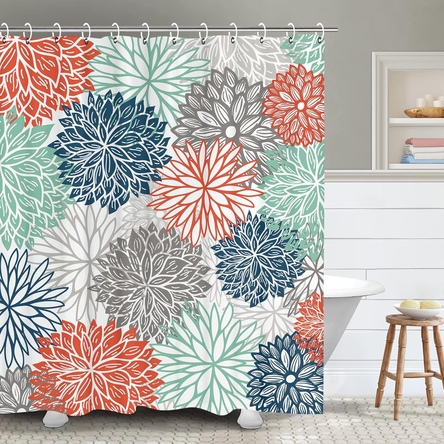 RosieLily Floral Shower Curtain Dahlia Shower Curtains Set with 12 Hooks Flower Shower Curtain Teal and Gray Blue Green Shower Curtain Turquoise Mandala Floral Bathroom Decor, 72" W x 78" H