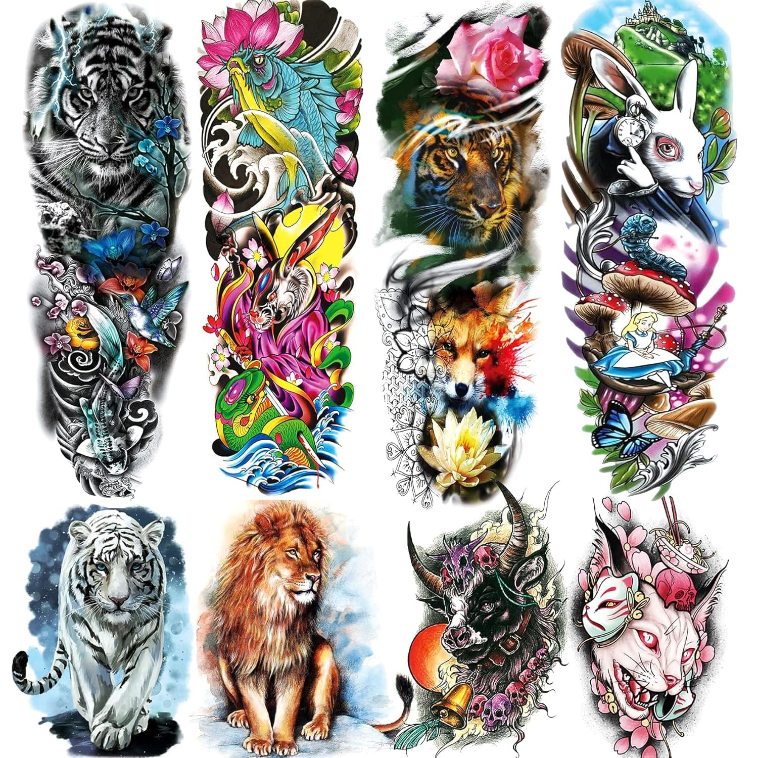 Wild Animal Temporary Tattoos Sleeve, 4-Sheet Large Lion Arm Temporary Tattoos and 4-Sheet Fake Tiger Rabbit Fish Full Arm Sleeve Tattoo Sticker for Women Men