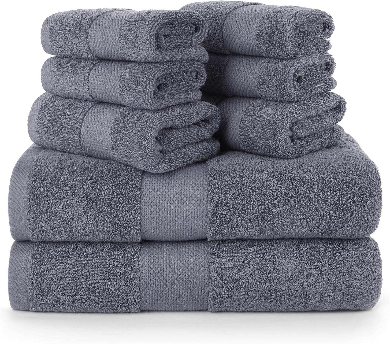 Bath Towel Set 100% Combed Cotton Bathroom Towel 8 Pcs Set 600 GSM Luxury Bath Towels for Family Hotel Spa Soft Highly Absorbent and Fast Drying - 2 Bath Towels, 2 Hand Towels and 4 Washcloths (Grey)