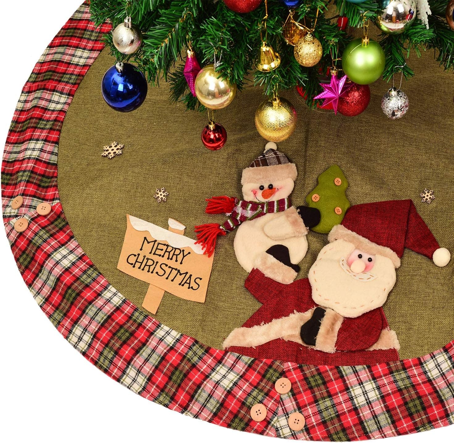 Woooow Christmas Tree Skirt, 48 inch Plaid Edge Linen Burlap Tree Skirt Mat with 3D Snowman Santa Claus for Indoor Outdoor Christmas Decorations Home and Holiday Party