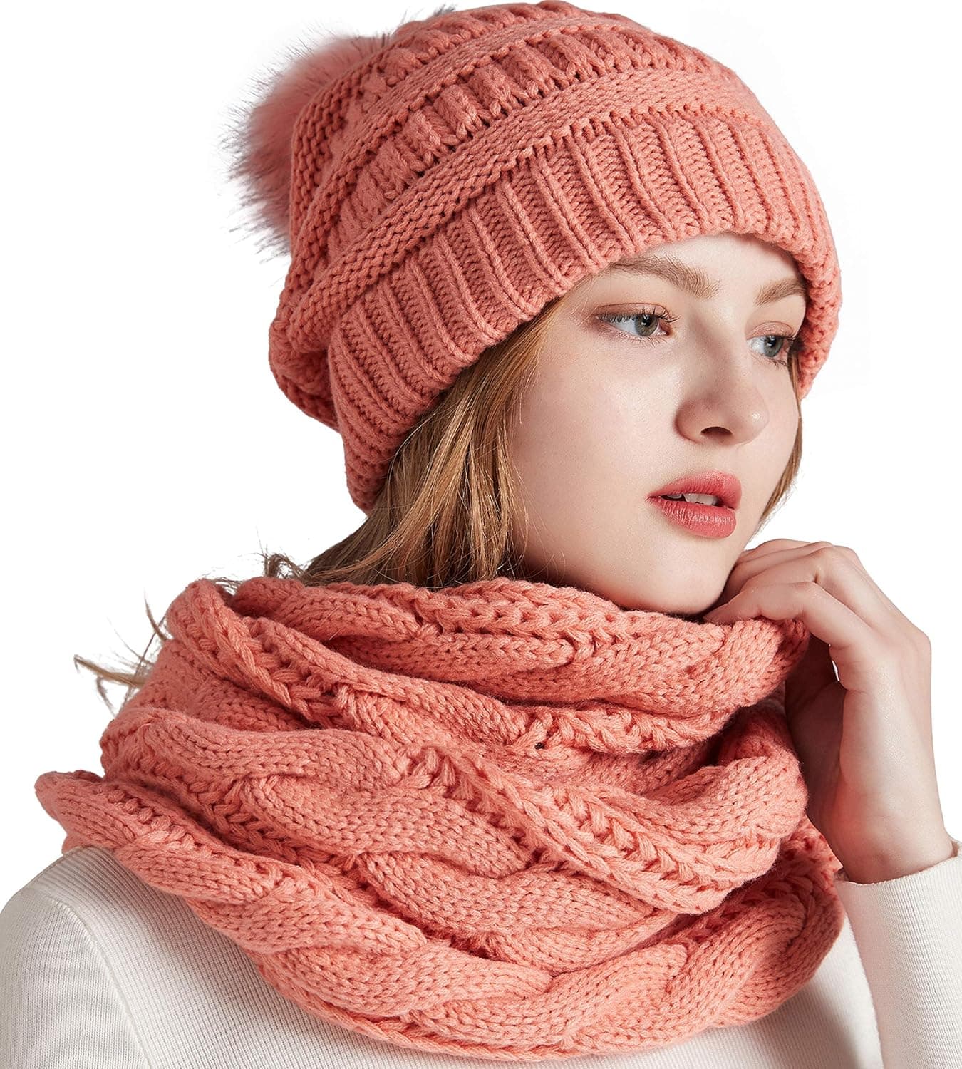 NEOSAN Women's Chunky Cable Knitted Infinity Loop Scarf and Pom Pom Hat Winter Set Slouchy Hat Knit Scarf Twist Blooming Dahlia