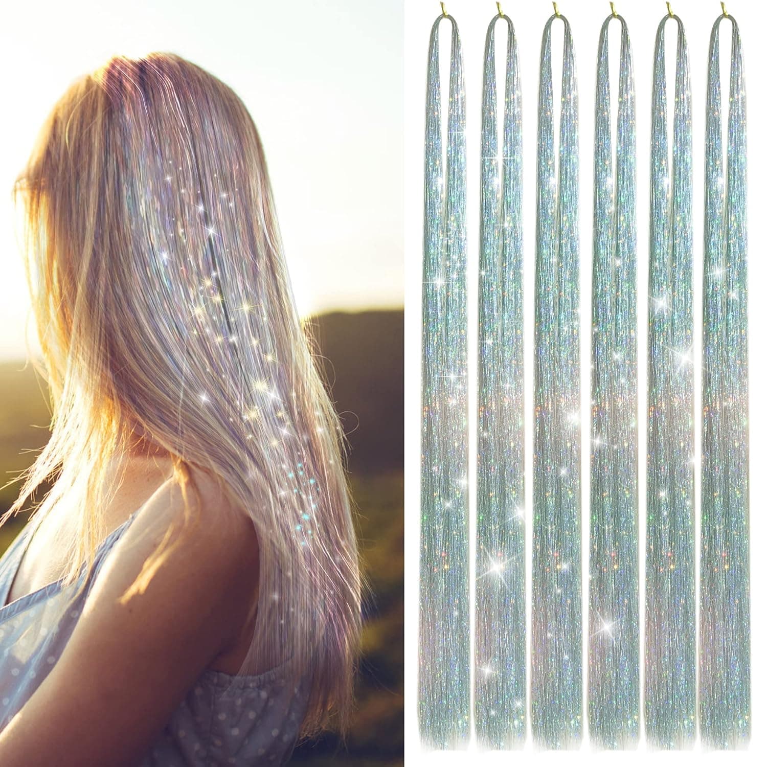 Hair Tinsel Kit with 47INCH 1200 Strands Heat Resistant Glitter Tinsel Hair Extension, Sparkling Shinny Fairy Hair Accessories for Women Girls Kids Festival Party Dazzle (Shining silver)