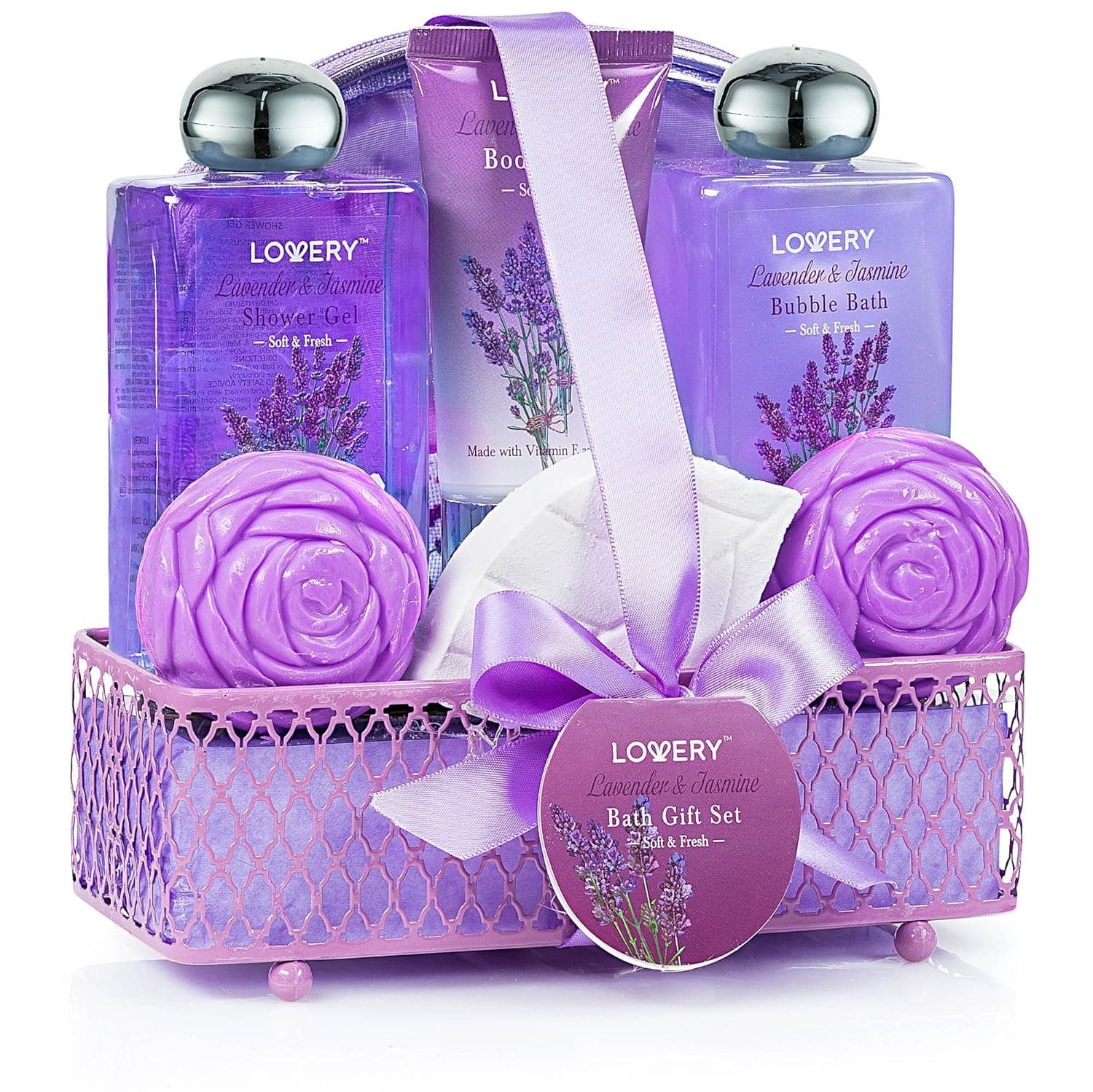 Father's Day Gift Spa Basket, Luxury 8 Piece Bath & Body Set For Women, Lavender & Jasmine Scent - Enriched with Shea Butter & Vitamin E - Includes Bath Bomb, Cosmetic Bag, Shower Gel, Lotion & More!