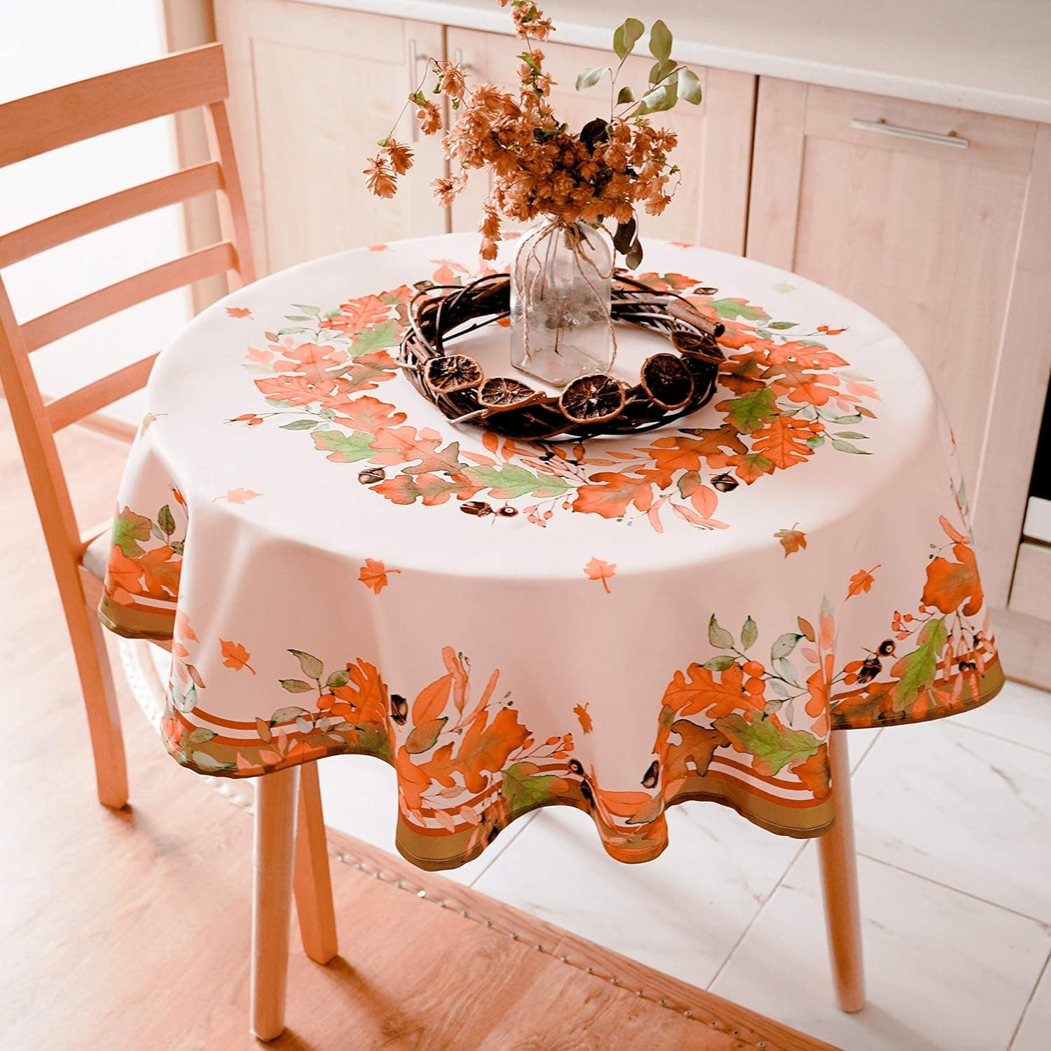 AHOLTA DESIGN Non-Iron Stain Resistant Thanksgiving Table Cloth – Fall Leaves Table Cover Home Dining Room Table Protection - Stylish Ivory Thanksgiving Decorations, Round 52"