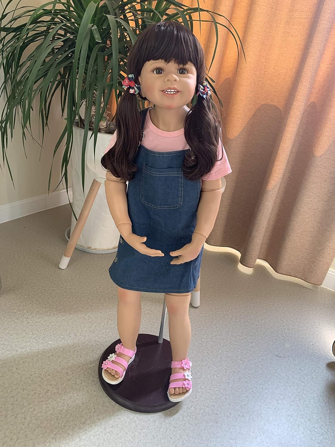 39inch Reborn Toddler Dolls,Huge Baby Full Body Hard Vinyl Smile Girl Realistic Standing Brown Hair Girl Age 3 Dress Model Collectible (Toddler Baby Girl 39inch Curly Hair)
