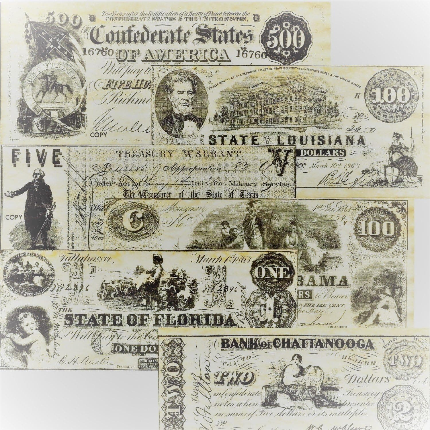 Civil War Era Paper Currency Replicas, 18 Notes
