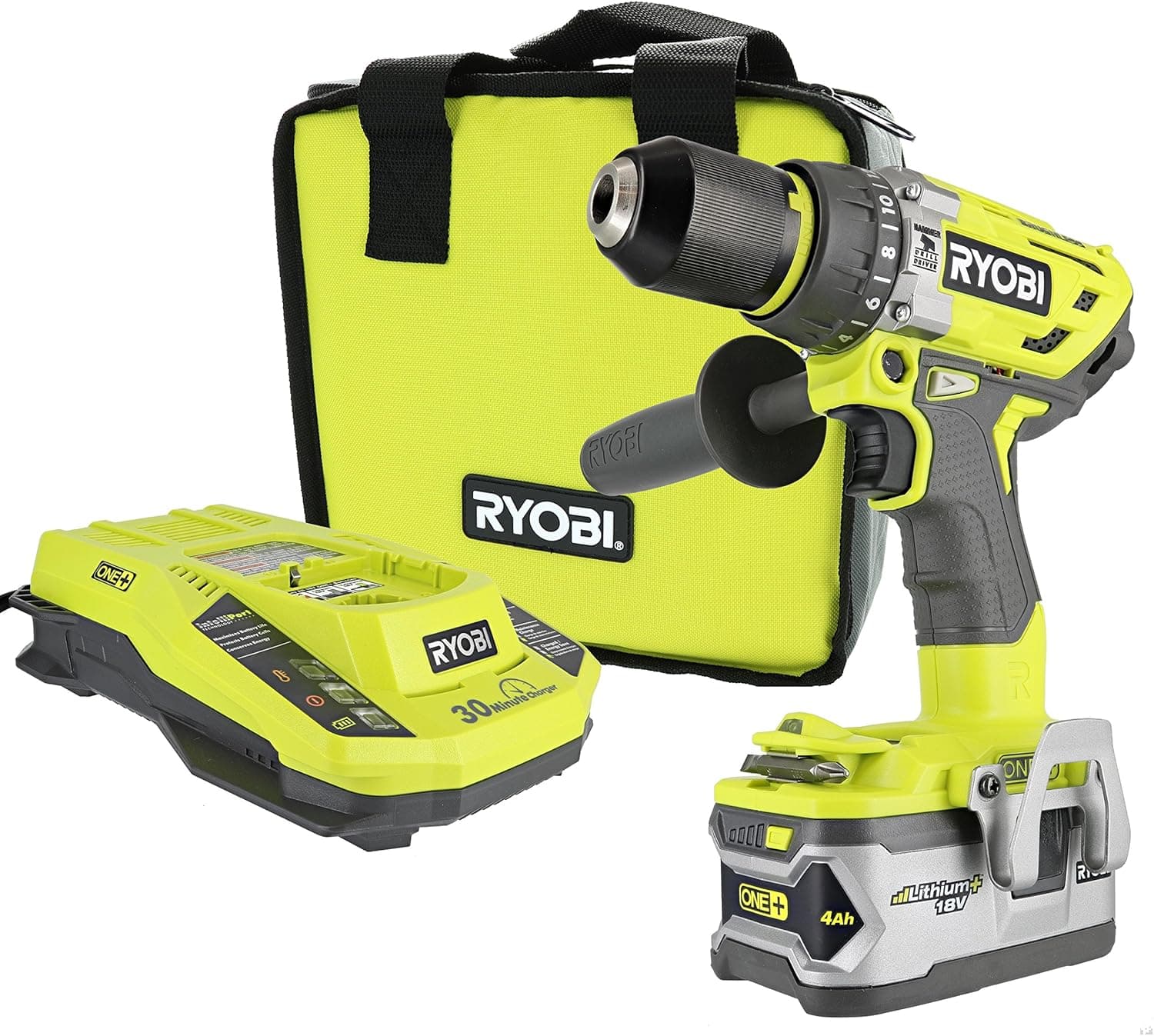 Ryobi P1813 One+ 18V Lithium Ion 750 Inch Pound Cordless Hammer Drill Power Tool Kit (Includes Battery Charger and Bag)