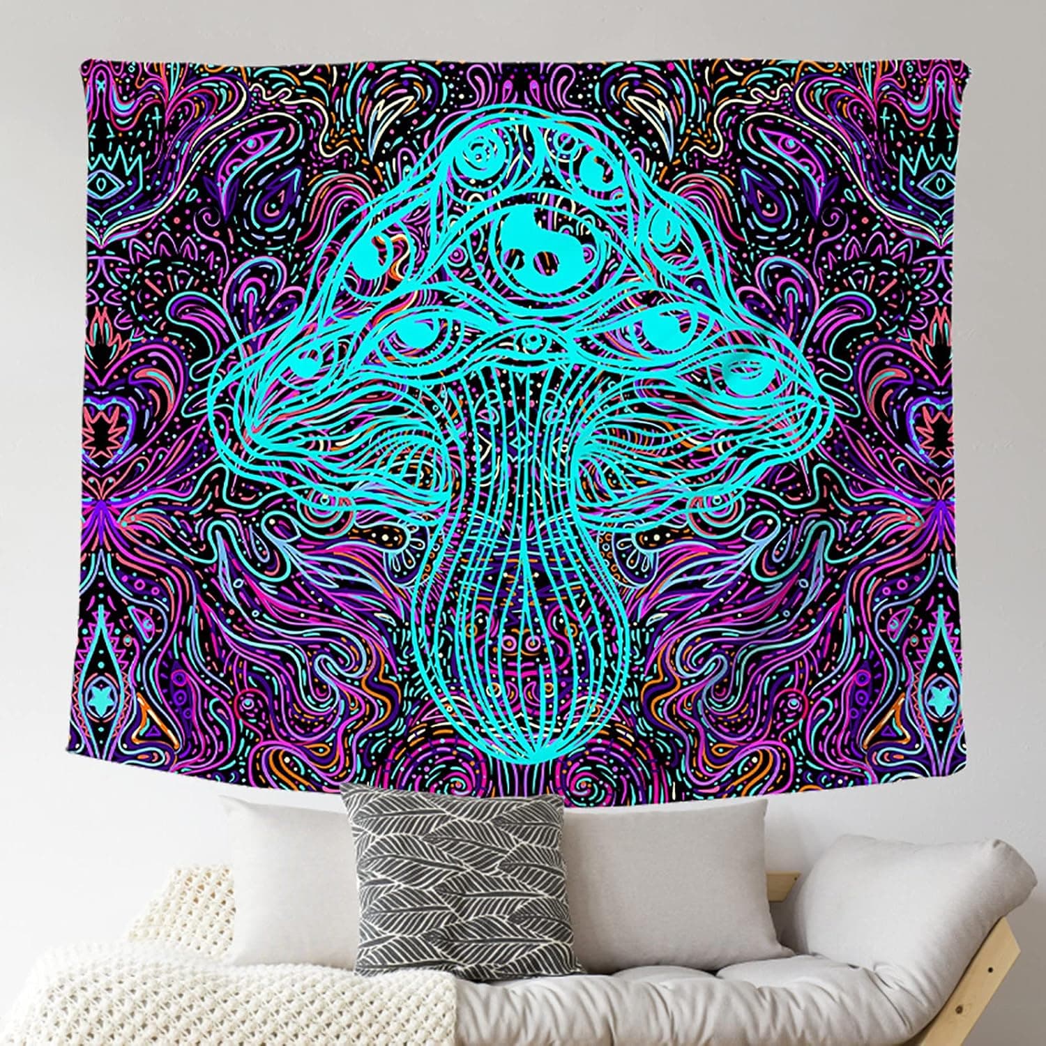 Yeacun Trippy Mushroom Tapestry and Blacklight Tapestry Bohemian Wall Hanging Indian Psychedelic Hippie Wall Tapestry for Home Dorm Decor(80L x 60W inches)