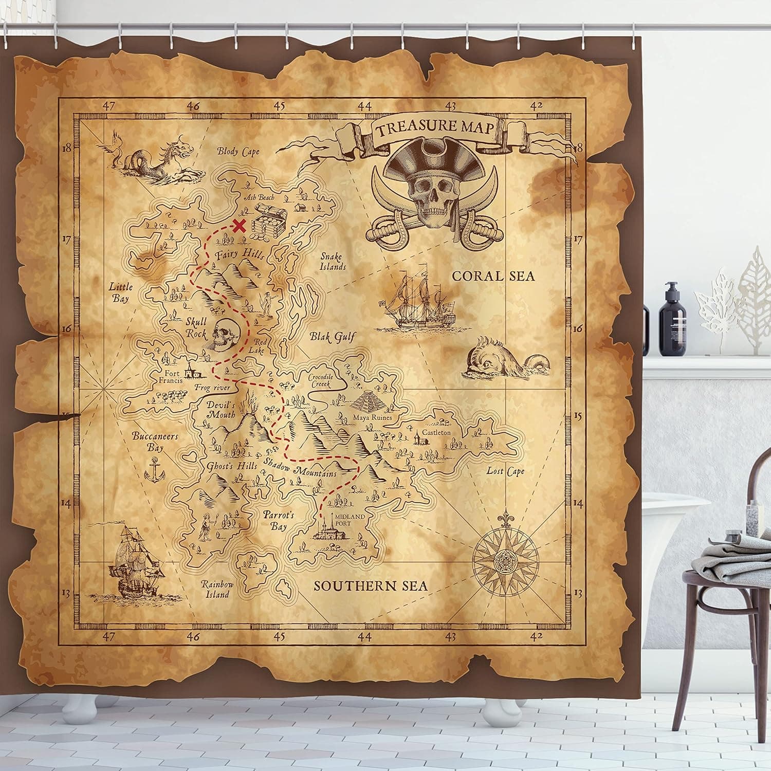 Ambesonne Island Map Shower Curtain, Super Detailed Treasure Map Grungy Rustic Pirates Gold Secret Sea History Theme, Cloth Fabric Bathroom Decor Set with Hooks, 69" W x 70" L, Beige Brown