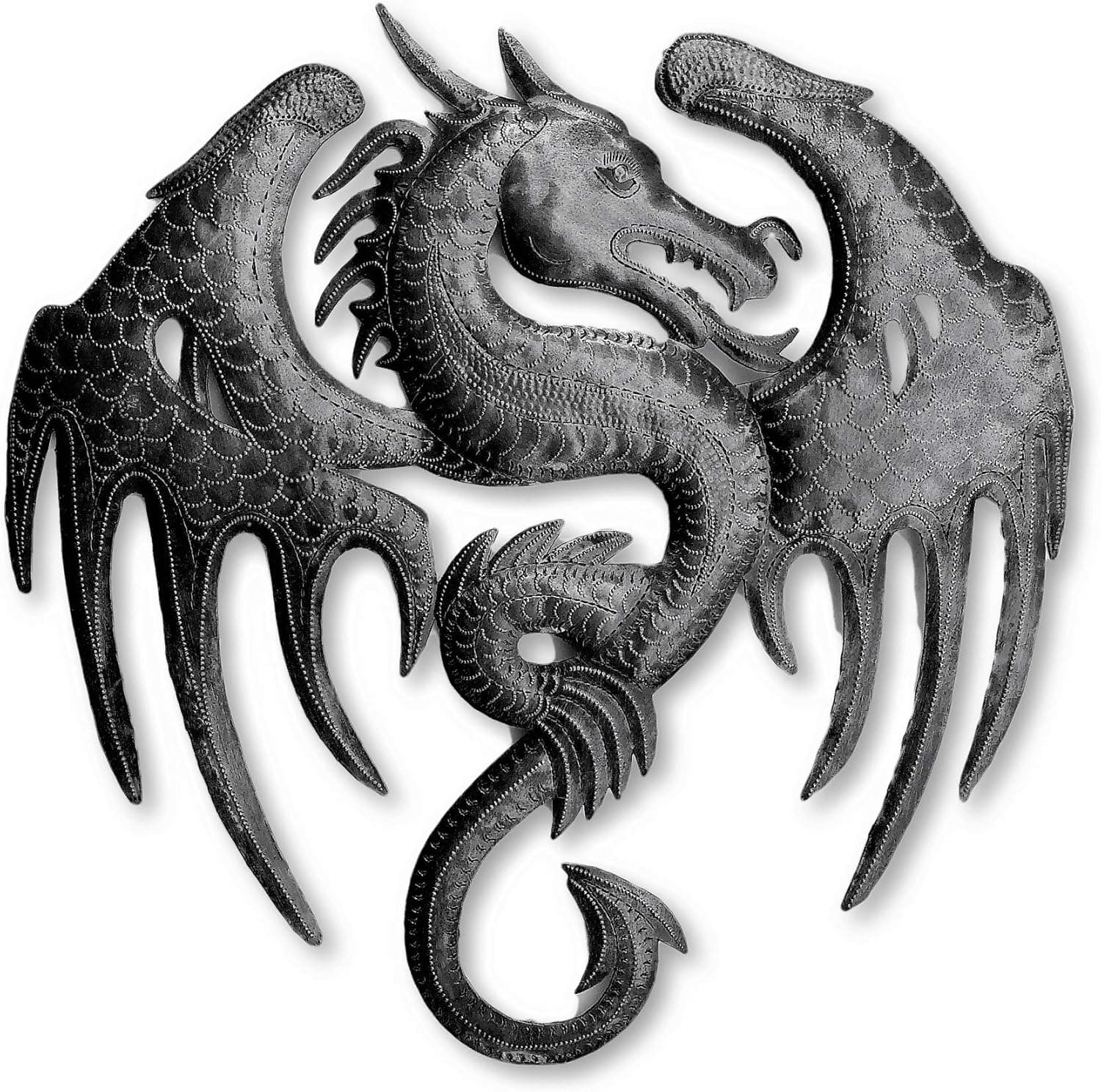 It's Cactus Flaming Dragon, Metal Wall Mounted Art, Mythical, and Gothic Sculpture, Wings, Pagan, Hanging Plaques Handmade in Haiti 14 In. x 14.375 In.