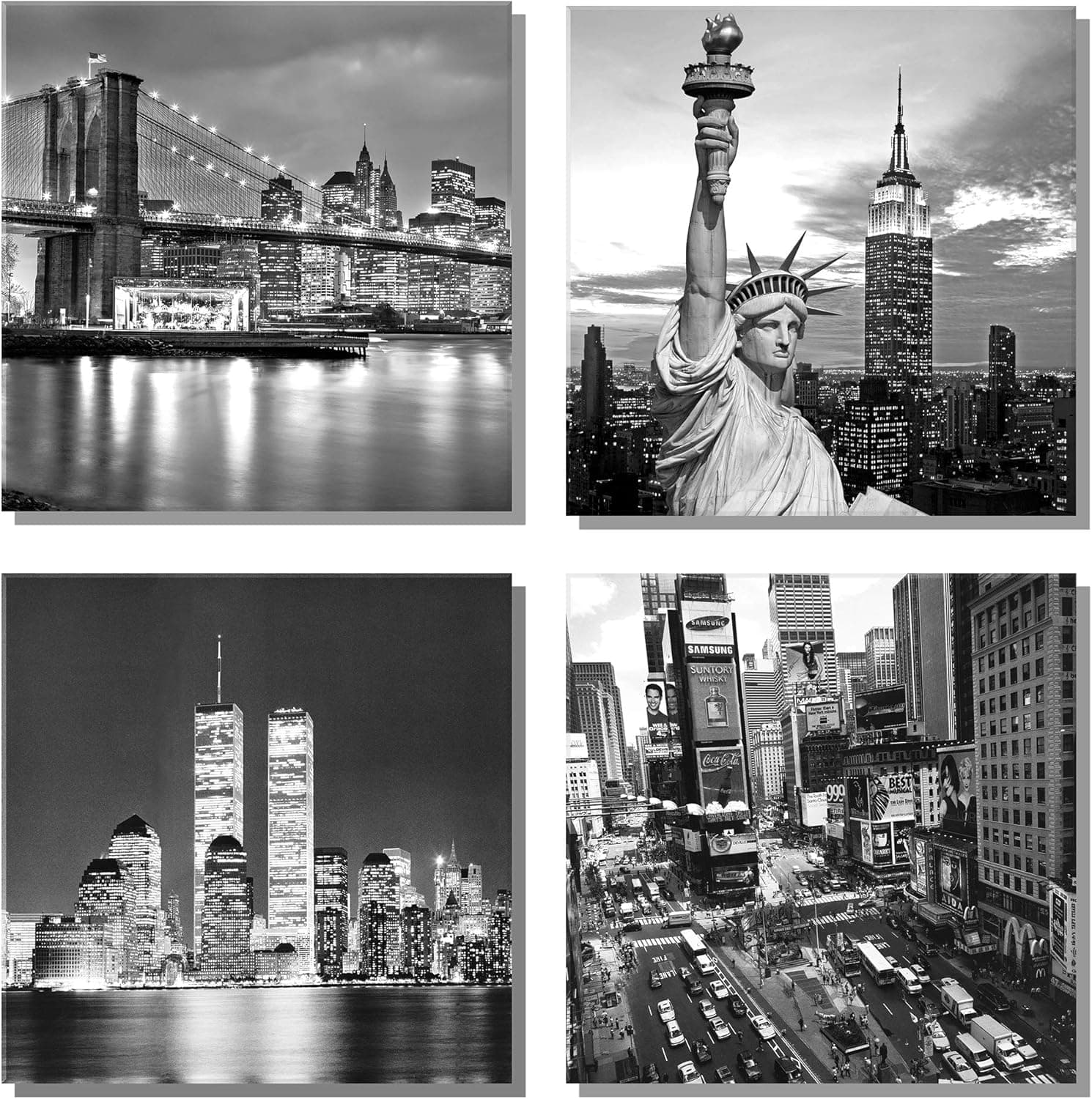 New York City Canvas Art Black and White Brooklyn Bridge Statue of Liberty Empire State Building Contemporary Decorations for Living Room Office Bedroom Home Decor(12"x 12"x 4pcs Framed)