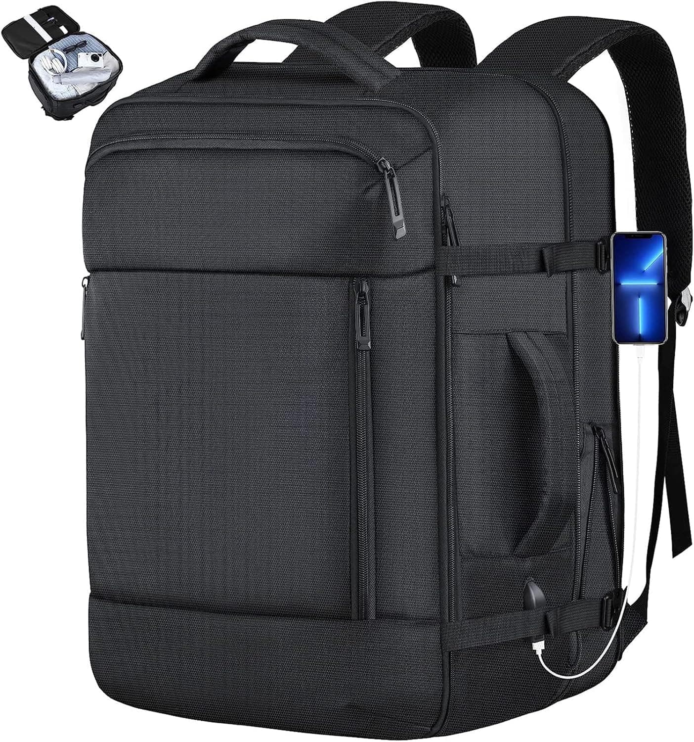 Large Travel Backpack, Carry on Backpack, 45L Expandable Flight Approved Big Extra Large Travel Backpack for Men Women, Waterproof Hiking Daypack Luggage Weekender Bag Fits 17 Inch Laptops, Black