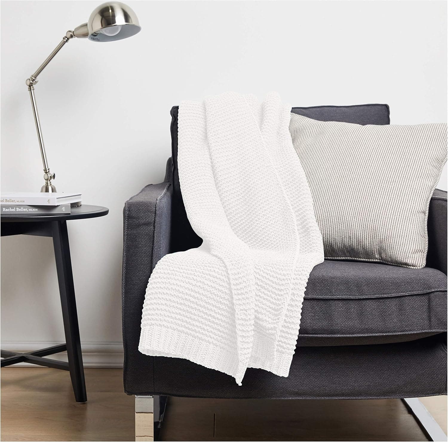 Amazon Basics Knitted Chenille Throw Blanket - 66 x 90 Inches, White