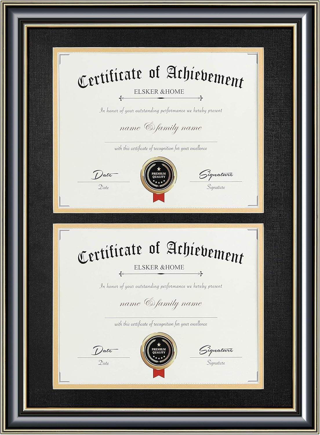 ELSKER&HOME Double Document/Photo Wood Frame-Made for Certificates&Diploma for Two 8.5x11 Inch with Mat and 14x20 Inch Without Mat for Documents Certificates (Double Mat, Black Mat with Golden Rim)