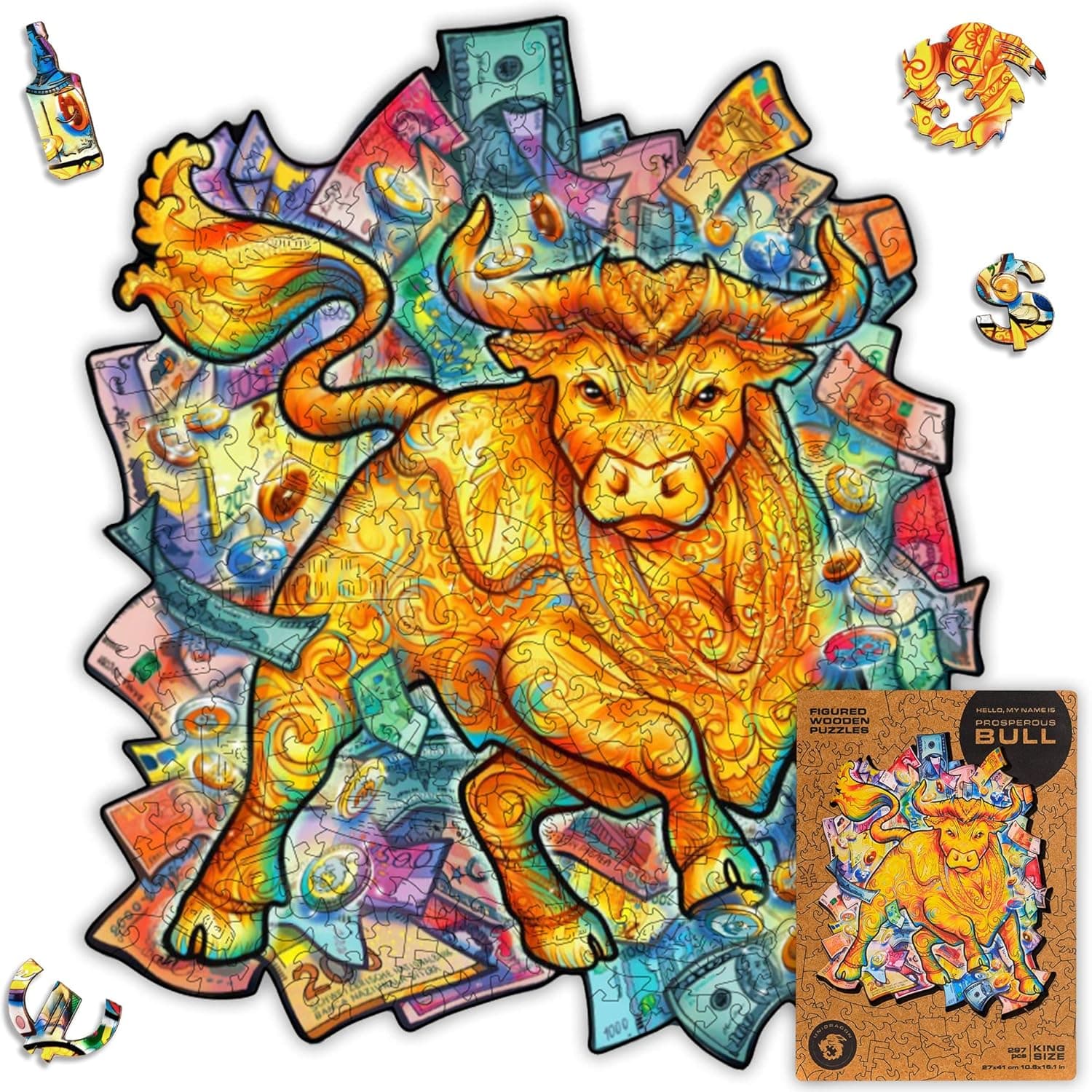 UNIDRAGON Original Wooden Jigsaw Puzzles - Prosperous Bull, 211 pcs, Medium 9.8"x11.4", Beautiful Gift Package, Unique Shape Best Gift for Adults and Kids