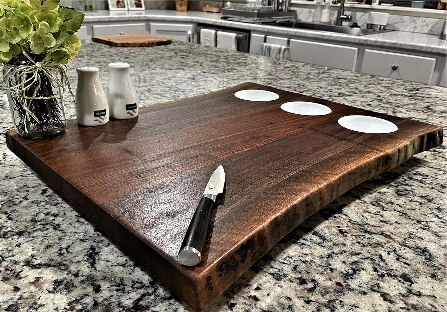 Black Walnut XL Forest-to-Table Double Live Edge Appetizer Board w/ 3 Prep / Dip Bowls. Charcuterie / Cutting / Chopping / Grazing Board. One-Of-A-Kind & Exclusively Distributed. 100% Handmade in USA.
