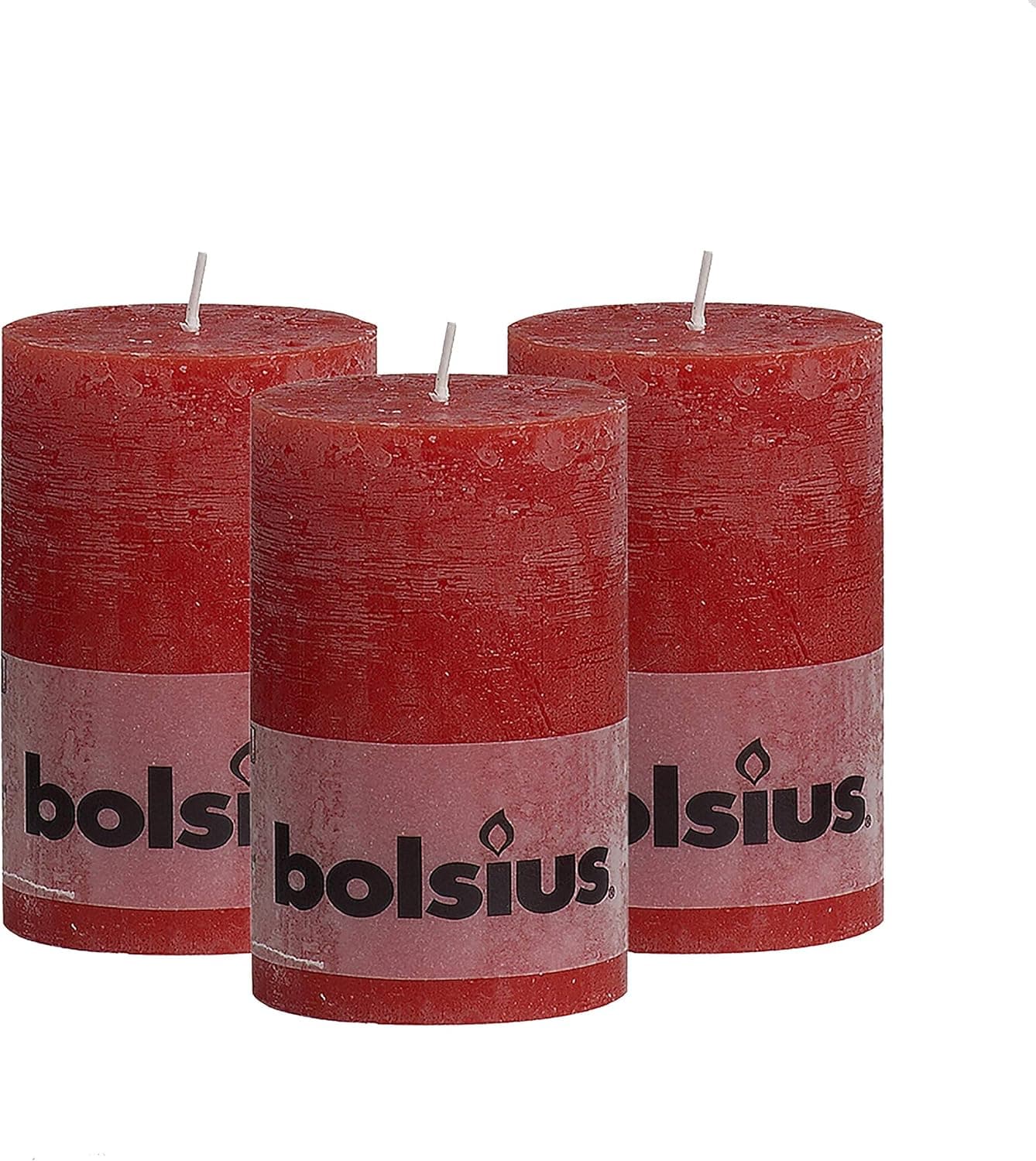 BOLSIUS Rustic Red Unscented Pillar Candles - 2.75" X 5" Decoration Candles Set of 3 - Clean Burning Dripless Dinner Candles for Wedding & Home Decor Party Restaurant Spa- Aprox (130x68m)