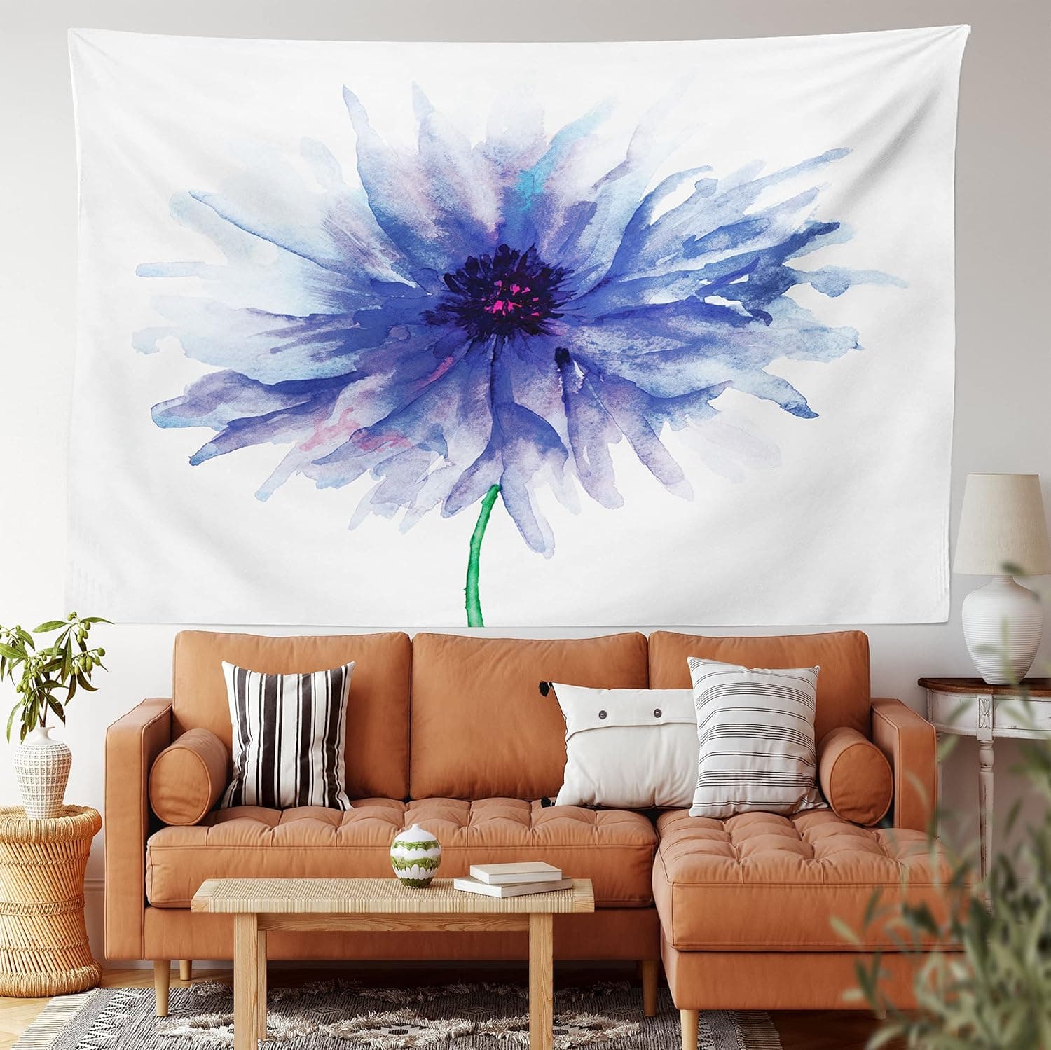Ambesonne Watercolor Flower Tapestry, Single Large Petite Cornflower Plain Background Mother Earth Paint, Wide Wall Hanging for Bedroom Living Room Dorm, 60" X 40", Violet Blue