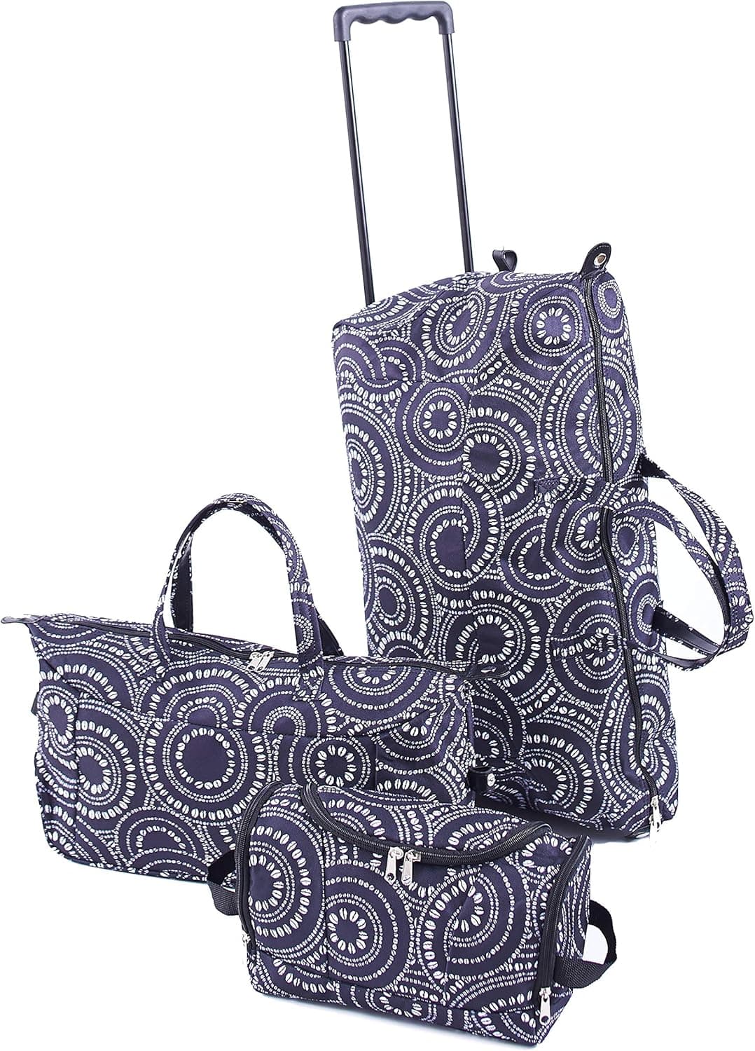 Trendy Duffel Bag, Tote and Toiletry Bag Luggage Set - Black/White - 3 Pieces