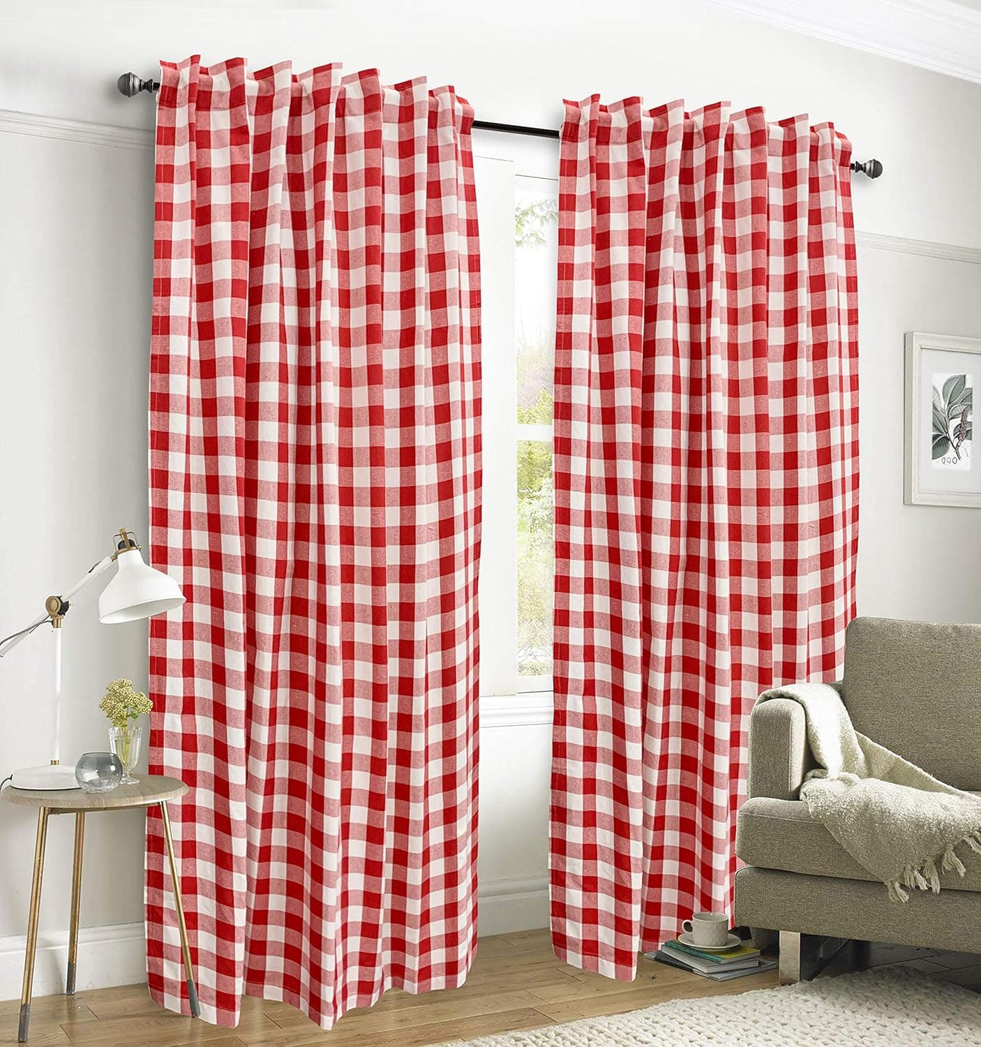 Ramanta Home Gingham Check Window Curtain Panel, 100% Cotton, Red/White, Cotton Curtains, 2 Panels Curtain, Tab Top Curtains, 50x84 Inches, Set of 2