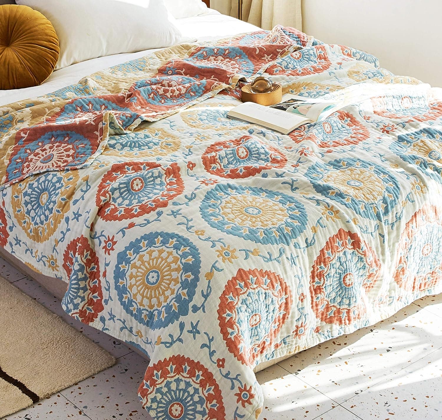 Scientific Sleep Boho Round 100% Cotton Muslin Blanket Throw Cover for Bed, Couch & Sofa, Cozy Soft Lightweight Warm Bedspread Coverlet (11, F/Q 78" X 90")