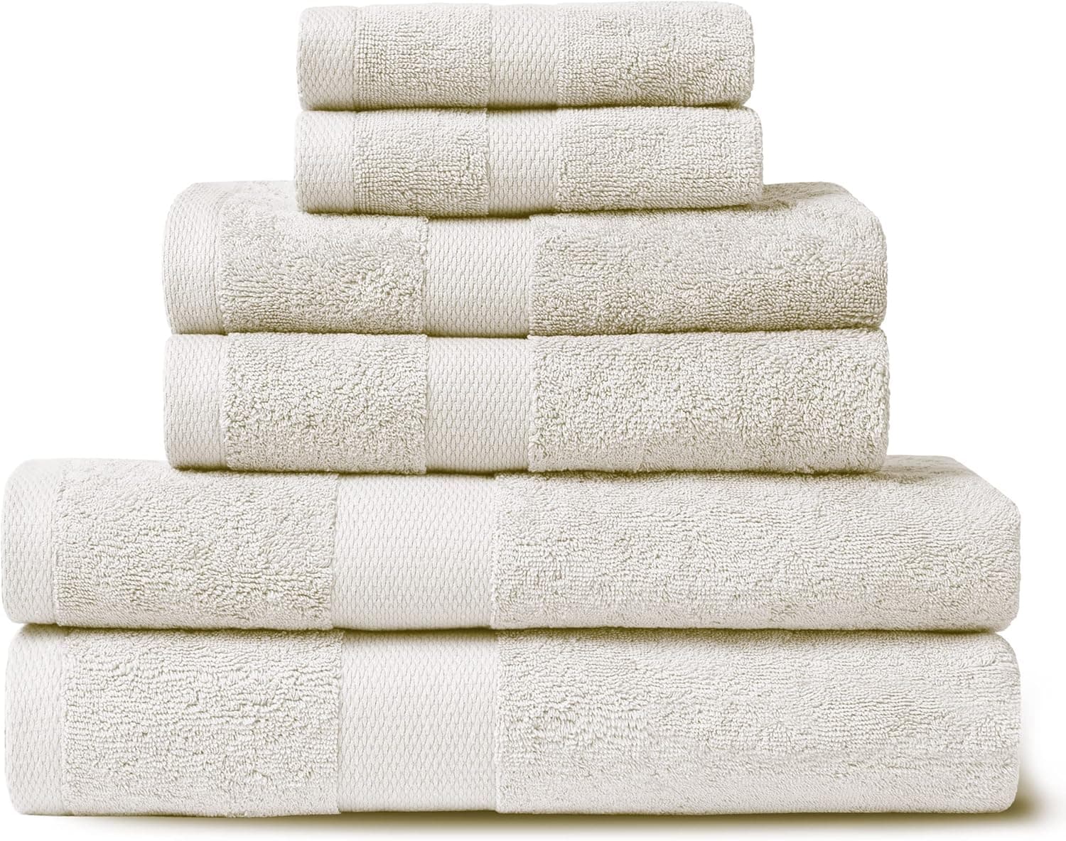 Malek Egyptian Cotton Towels - 6 Piece Set - 2 Bath Towels, 2 Hand Towels, 2 WashCloths - Super Soft 600 GSM Luxury Bath Towels - Absorbent Cotton Bathroom Towels - Check Edge Design (Alabaster)
