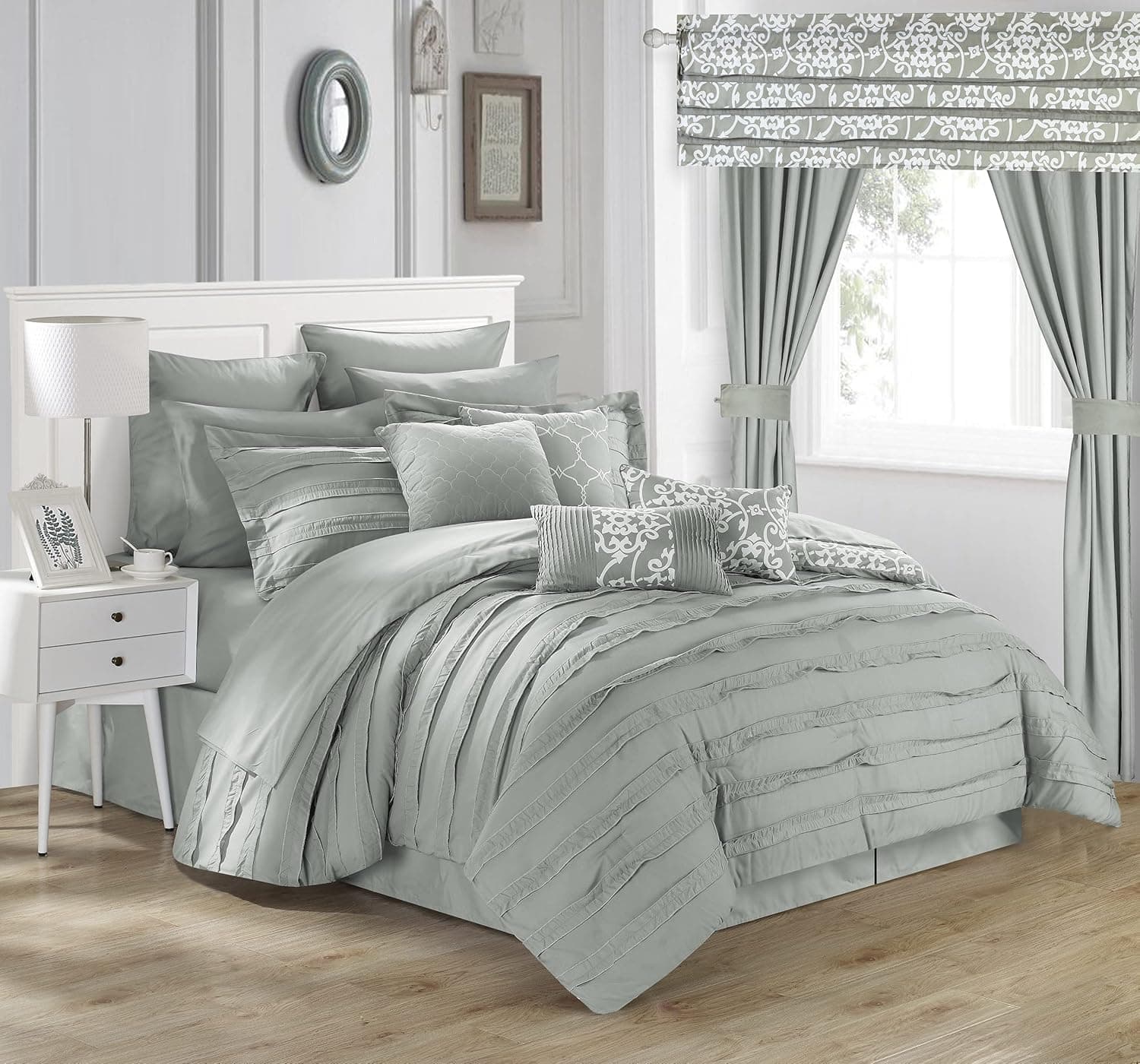 Chic Home Hailee 24 Piece Comforter Set Complete Bed in a Bag Pleated Ruffles and Reversible Print with Sheet Set & Window Treatment, King, Silver