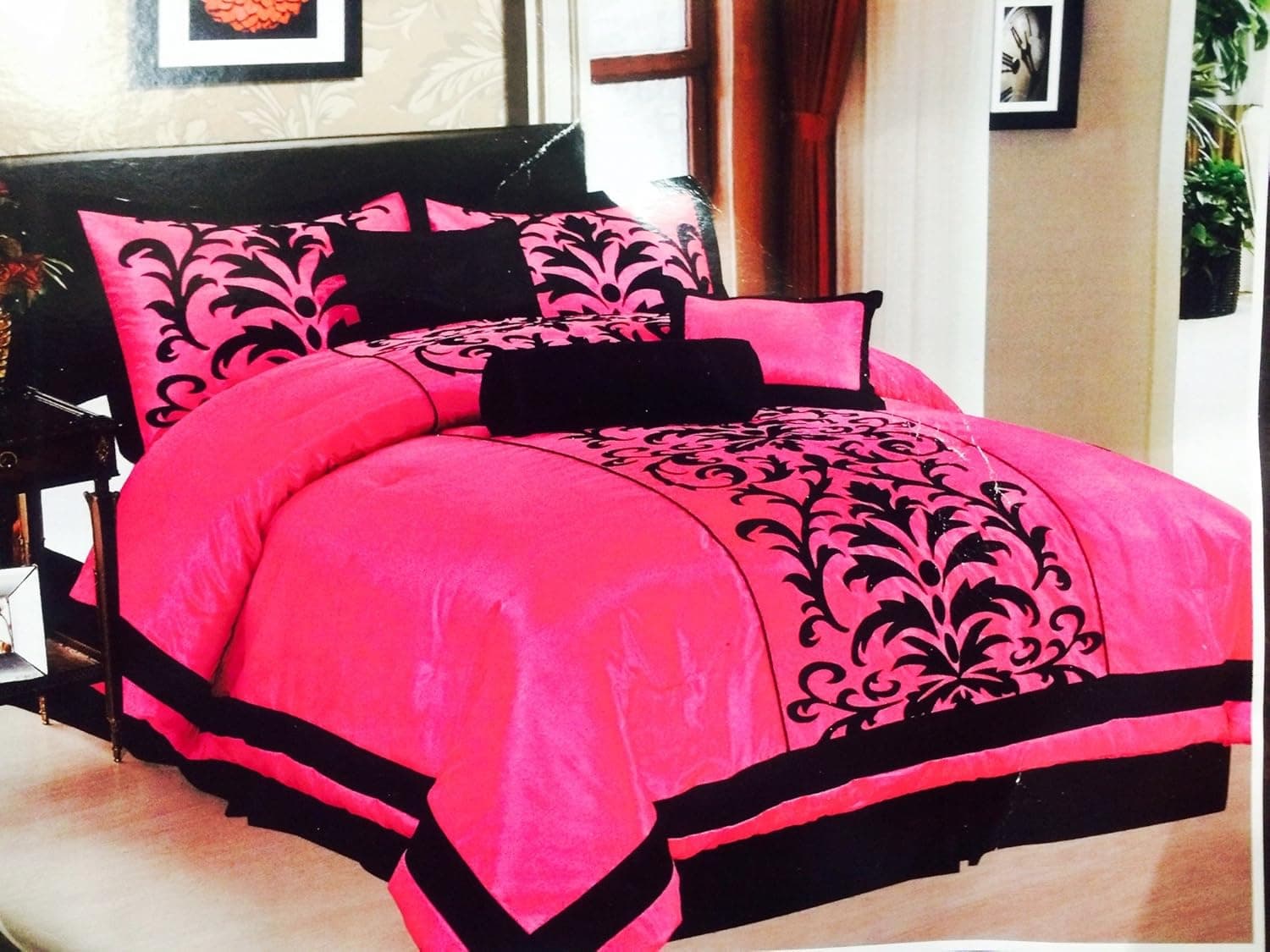 Goldenlinens Luxury Faux Silk Flocking Print Comforter Set with Shams and Cushions (Queen2)