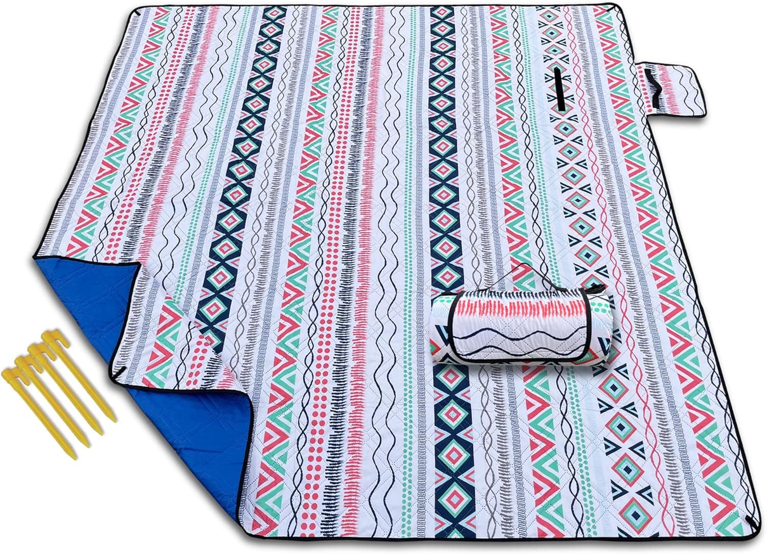 KuoSEN Outdoor Beach Blankets Sandproof Waterproof 3 Layers Machine Washable, Sandproof Beach Blanket, Picnic Blanket Waterproof Extra Large Beach Blanket with Stakes(FlowerRiver 79x79)