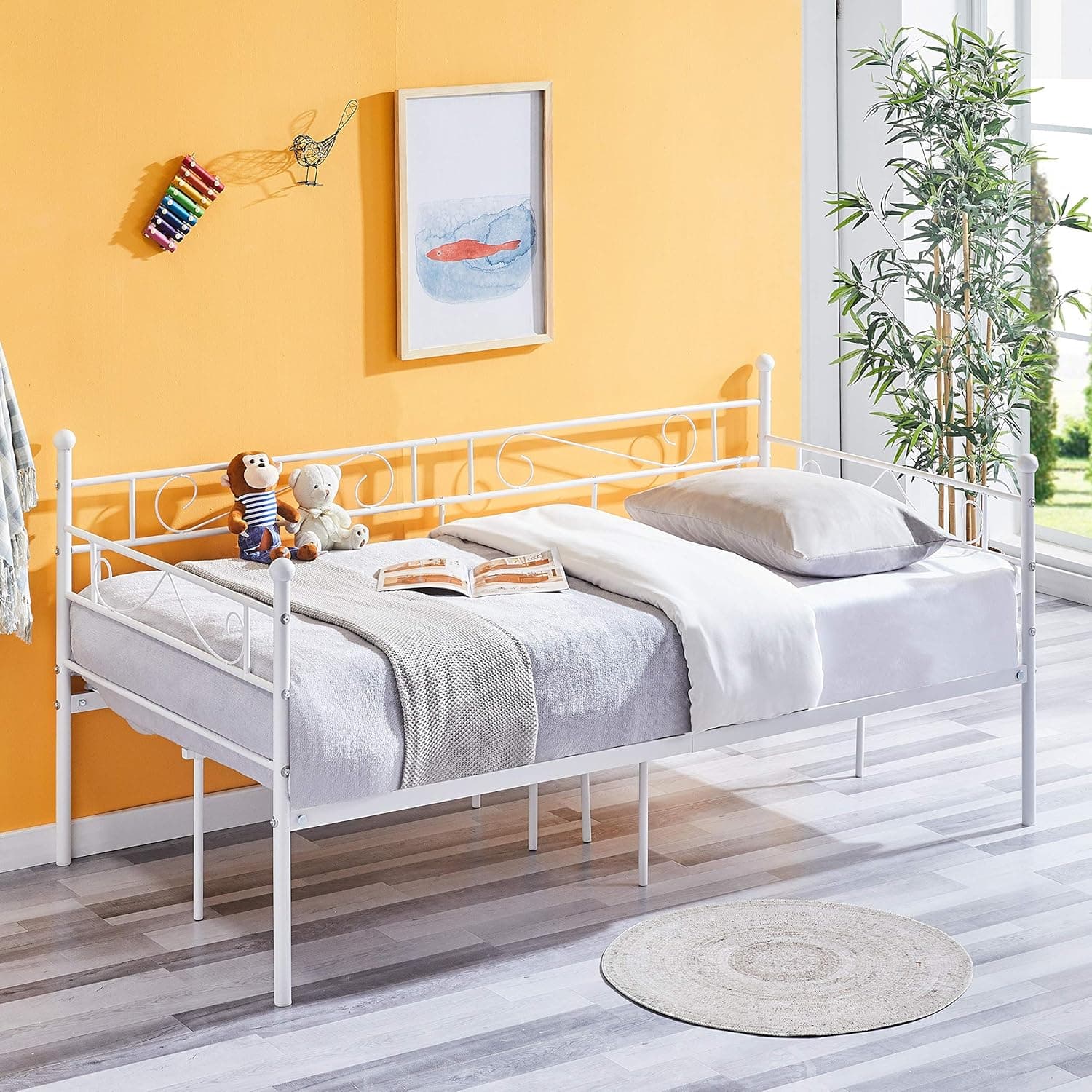 Liink1Ga Metal Daybed Frame Twin Size with Headboard and Stable Steel Slats Mattress Platform Base Boxspring Replacement Sofa Bed, White Daybed Frame