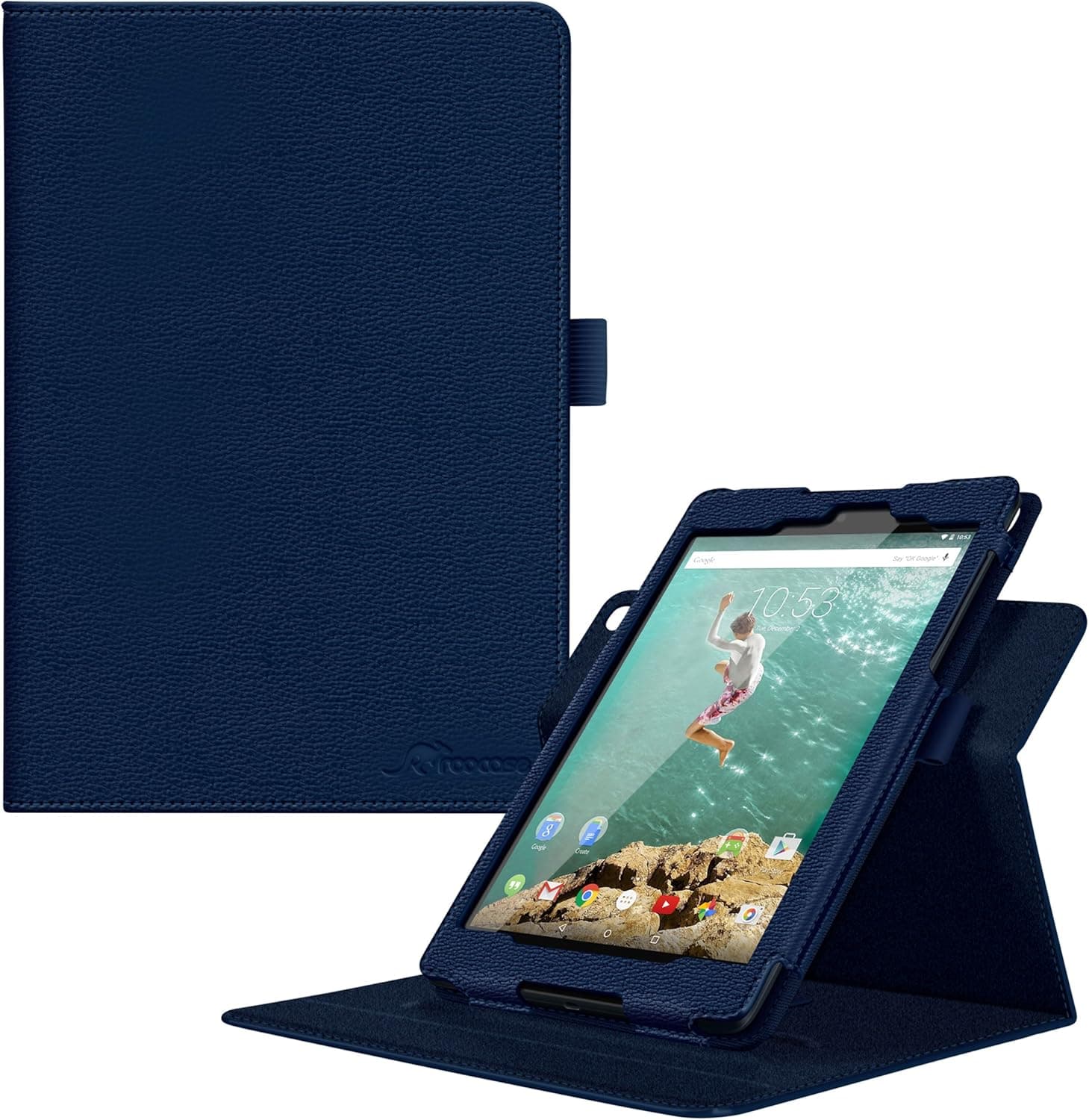 Google Nexus 9 Case, rooCASE Dual View Slim Fit Thin Lightweight Leather PU Folding Folio Cover Navy