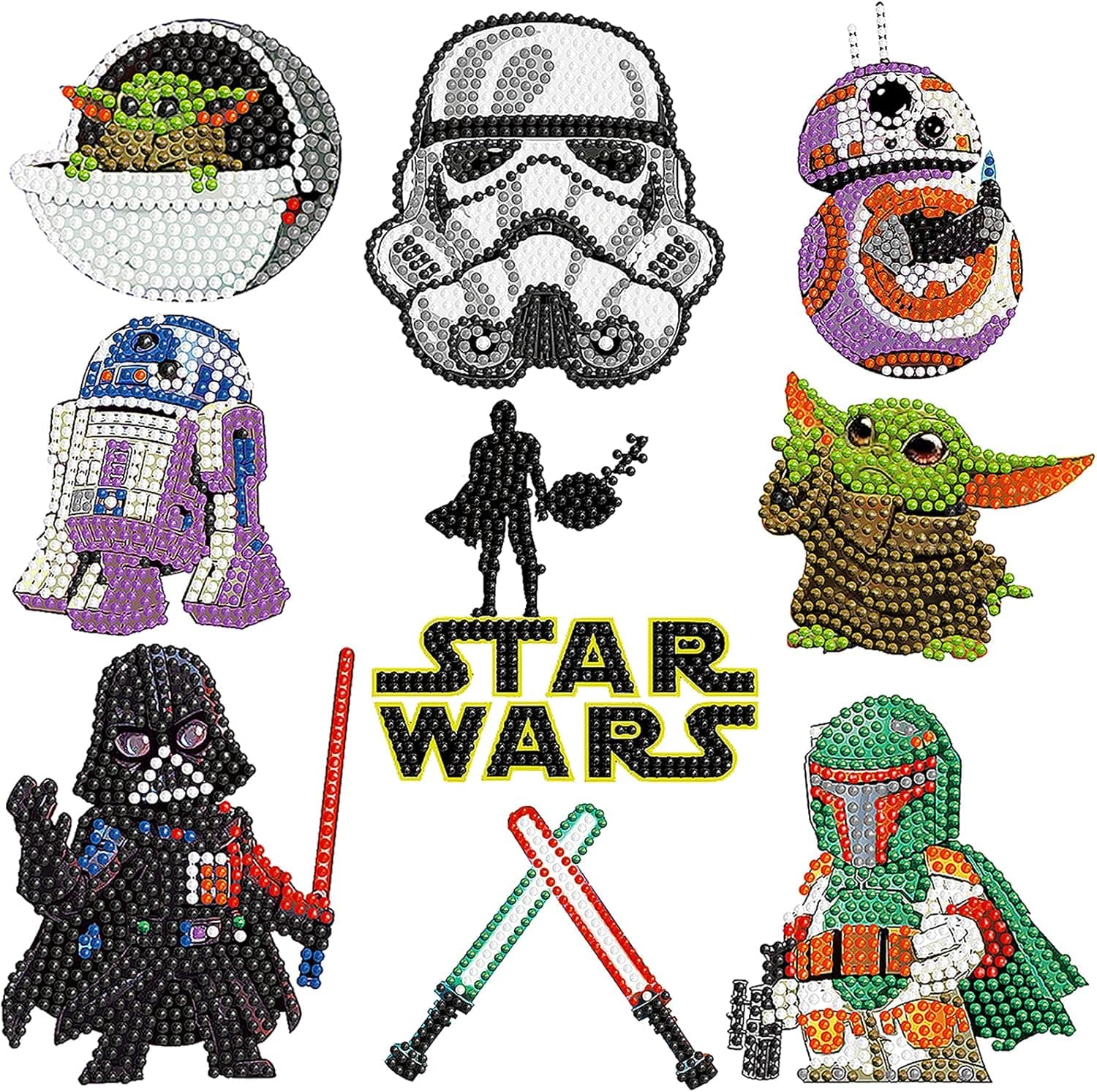 Qovvey Baby Yoda Grogu Diamond Painting Stickers Kits for Adults Kids, Mandalorian DIY Cartoon Diamond Art, Digital Diamond Paint (9 PC)