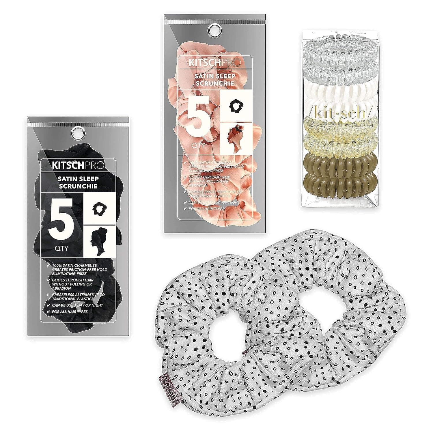 Kitsch Holiday Gift Spiral Hair Ties | Satin Scrunchies and Microfiber Hair Scrunchies Hair Ties Bundle (Black | Blush | Blonde | Micro Dot)