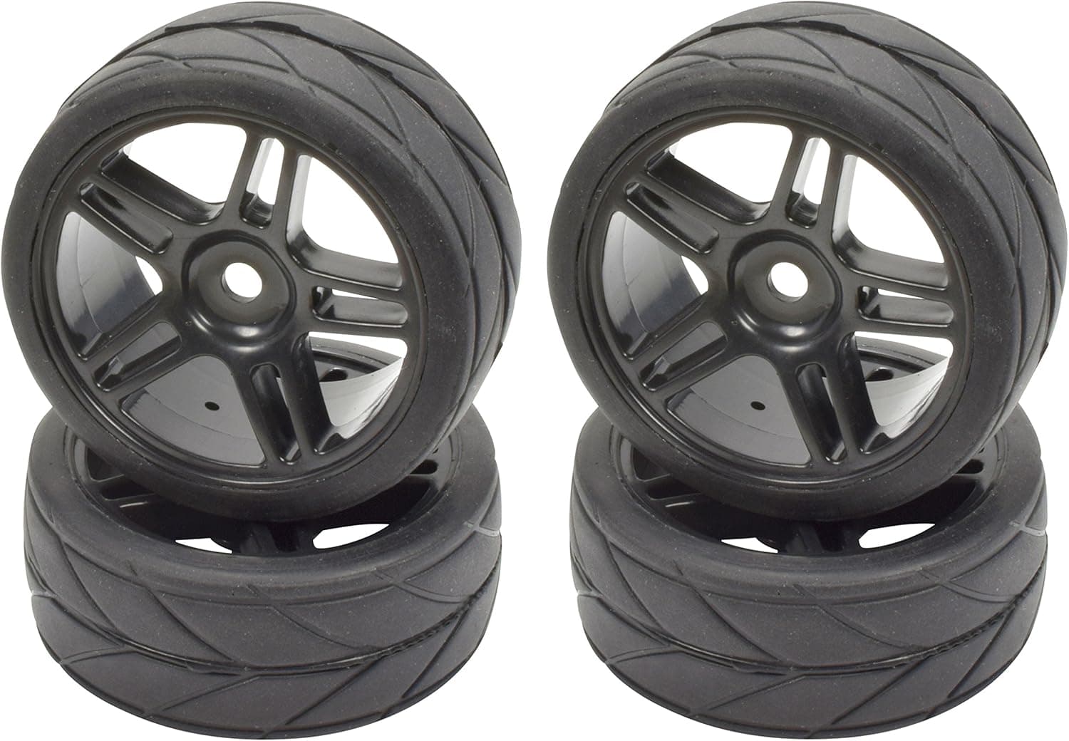 Apex RC Products 1/10 On-Road 12mm Black Split 5 Spoke Wheels V Tread Rubber Tires (Set of 4) #5001