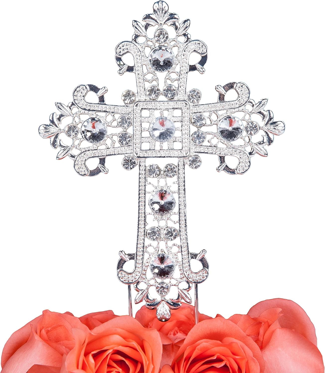 LOVENJOY Silver Cross Cake Topper Large for Confirmation, Gift Box, Crystal Rhinestone