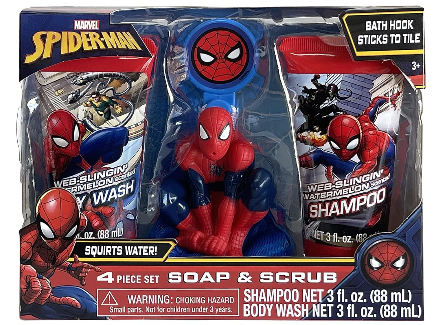 Spider-man 4 Piece Soap & Scrub. Shampoo, Body Wash, Bath Scrubby & Hook.