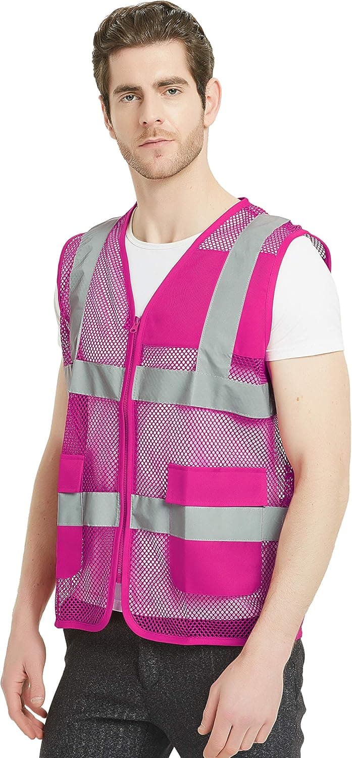 GOGO Unisex US Big Mesh Volunteer Vest Zipper Front Safety Vest with Reflective Strips and Pockets-Hot Pink-US M