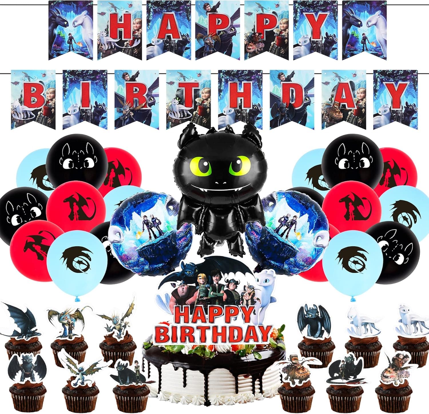 Cartoon Dragon Birthday Party Decorations - 49 PCS Birthday Party Favor with Happy Birthday Banner, Cake Topper , Cupcake Toppers, Balloons for Boys Girls Anime Fans Party Supplies