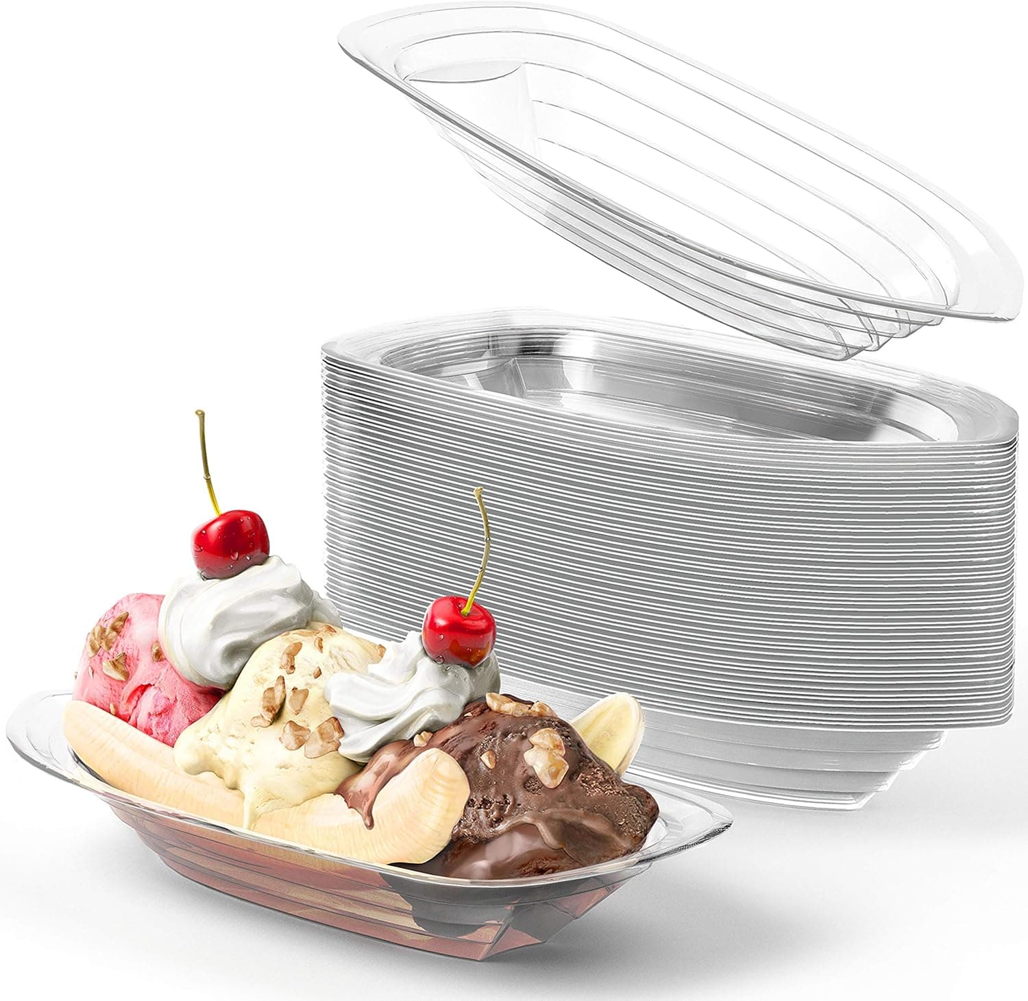 Avant Grub Super Fun, Recyclable Plastic Banana Split Boats 50 Pack. Durable, Disposable Ice Cream Sundae Dishware Bowl. Perfect Plastic Cups for Social Event or Kids Birthday Party, 8. Ounces