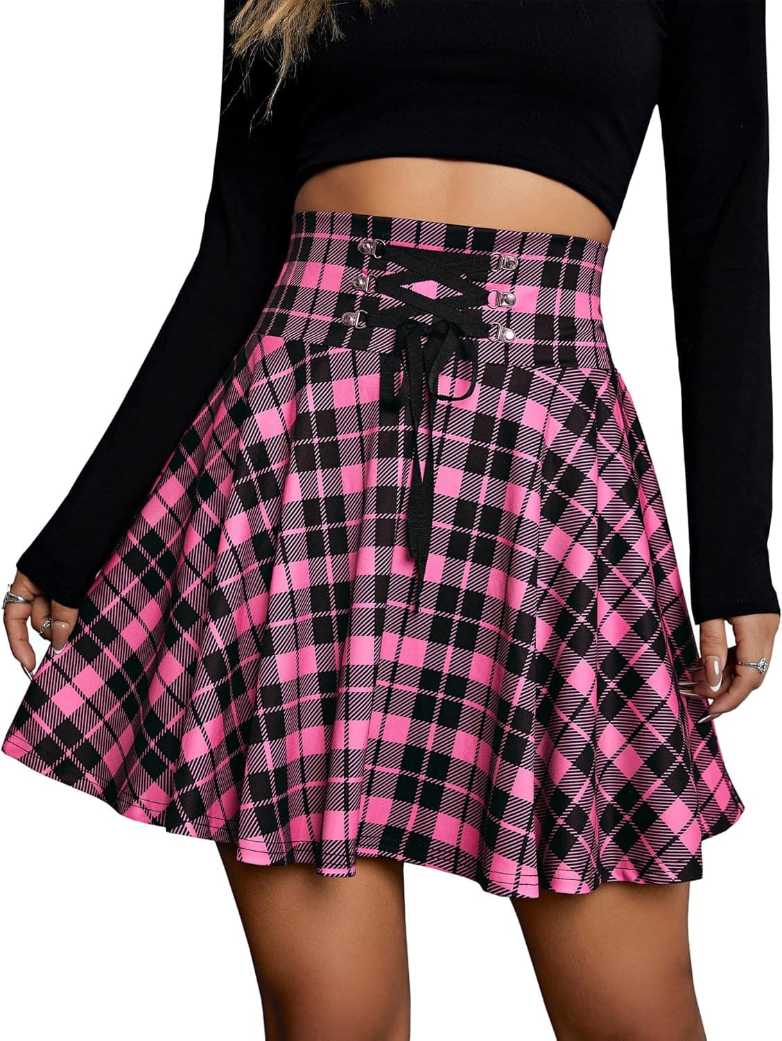 KOJOOIN Women's Halloween High Waisted Short A-line Flare Gothic Mini Black Red Plaid Pleated Skirt Dress