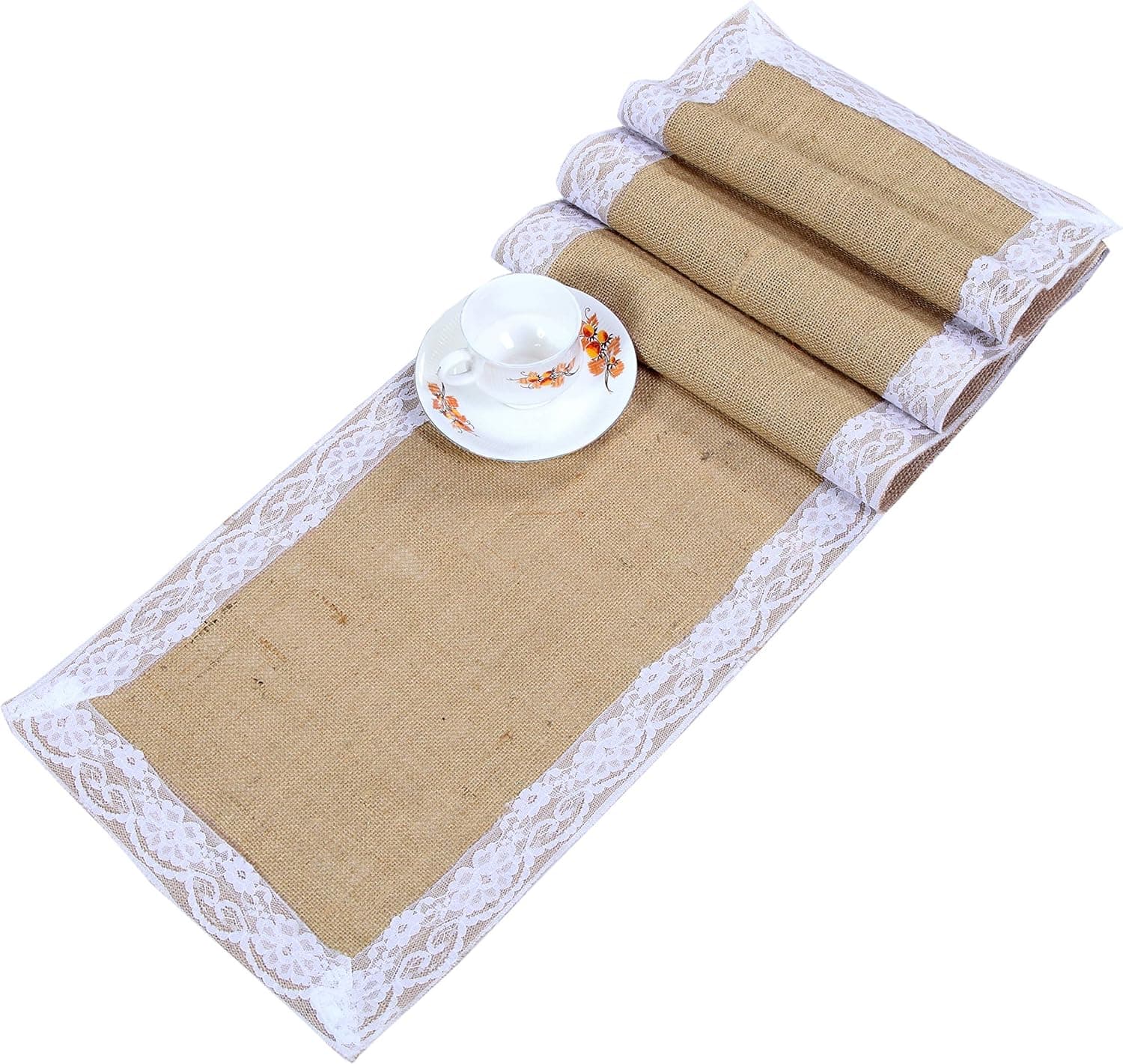 Jute Burlap Table Runner with Lace decoration 12 x 96 Inches -Natural Set of 2 - Perfect accessory to dress up dinner table with 100% bio-degradable & recyclable, environment.