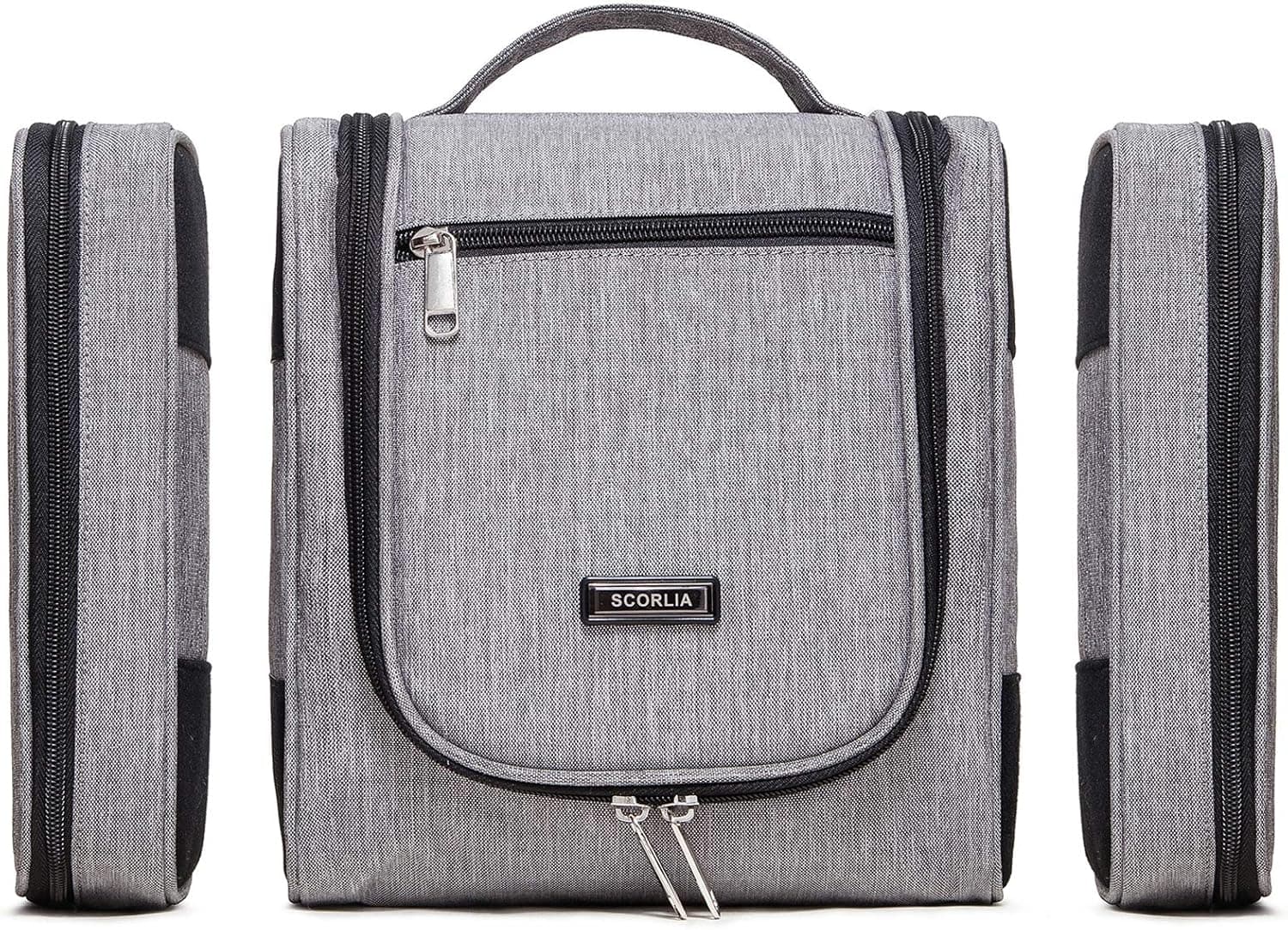 Scorlia Extra Large Hanging Toiletry Bag, 3 in 1 Travel Makeup Bag with 2 Removable Storage Bags for Women, Men and Baby Waterproof Shaving Kit Bag Bathroom Shower Bag with Hook Grey