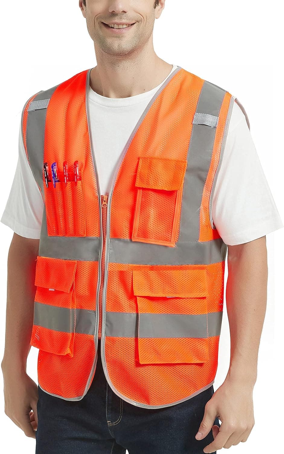 VICRR High Visibility Safety Vest with Reflective Strips, 9 Pockets Zipper Front, Construction Work Vest