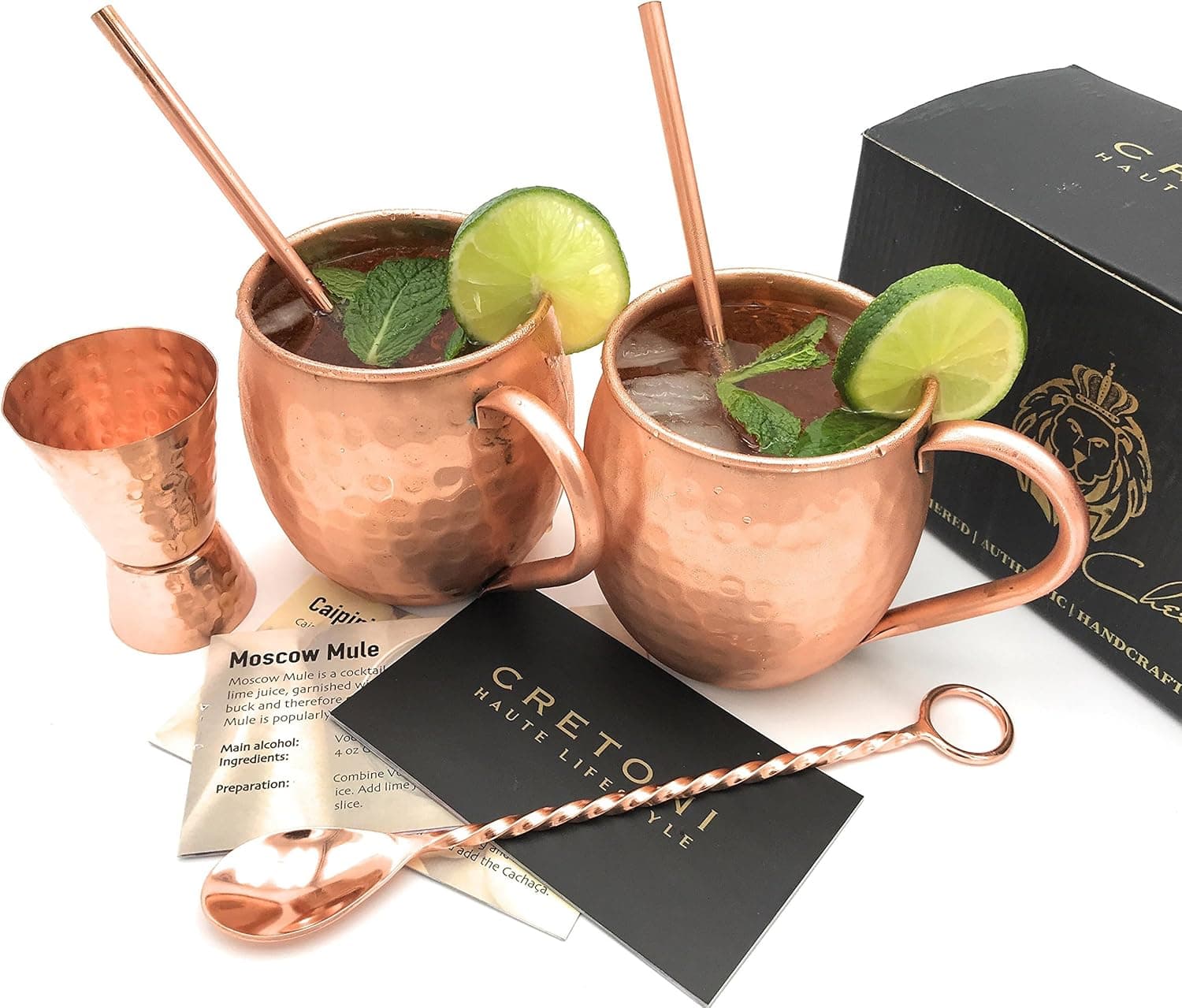 Cretoni Copperlin Pure Copper Hammered Moscow Mule Handcrafted 16 Oz Mugs Set of 2 with Bonus 2 Copper Straws, Hammered Jigger and Twisted Bar Spoon - The Ultimate Set