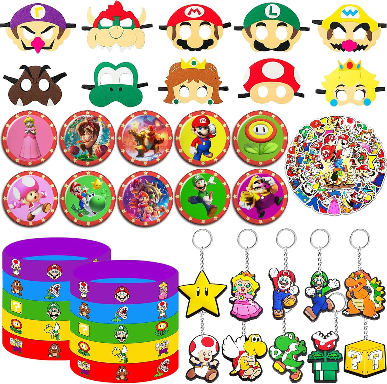 90 PCS Mario Party Favors, Mario Birthday Party Supplies Including 10 Felt Masks, 10 Bracelet, 10 Keychains, 10 Button Pins And 50 Stickers
