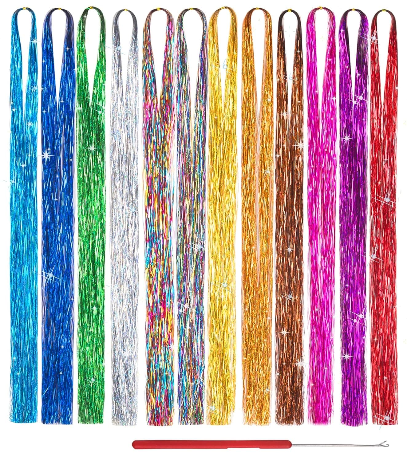47 Inch 12 Colors Hair Tinsel With Tool Sparkling Dazzle Glitter Shiny Hair Extensions Hair Silk Tinsel（47 inch,12 Color,2400 Strands ）