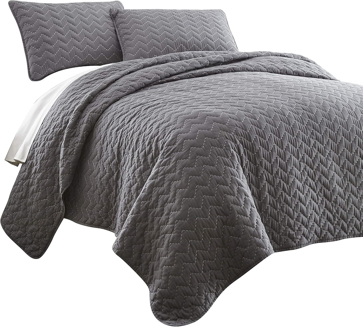 Chezmoi Collection Wesley 3-Piece Pre-Washed Chevron Quilt Set (Queen, Gray)